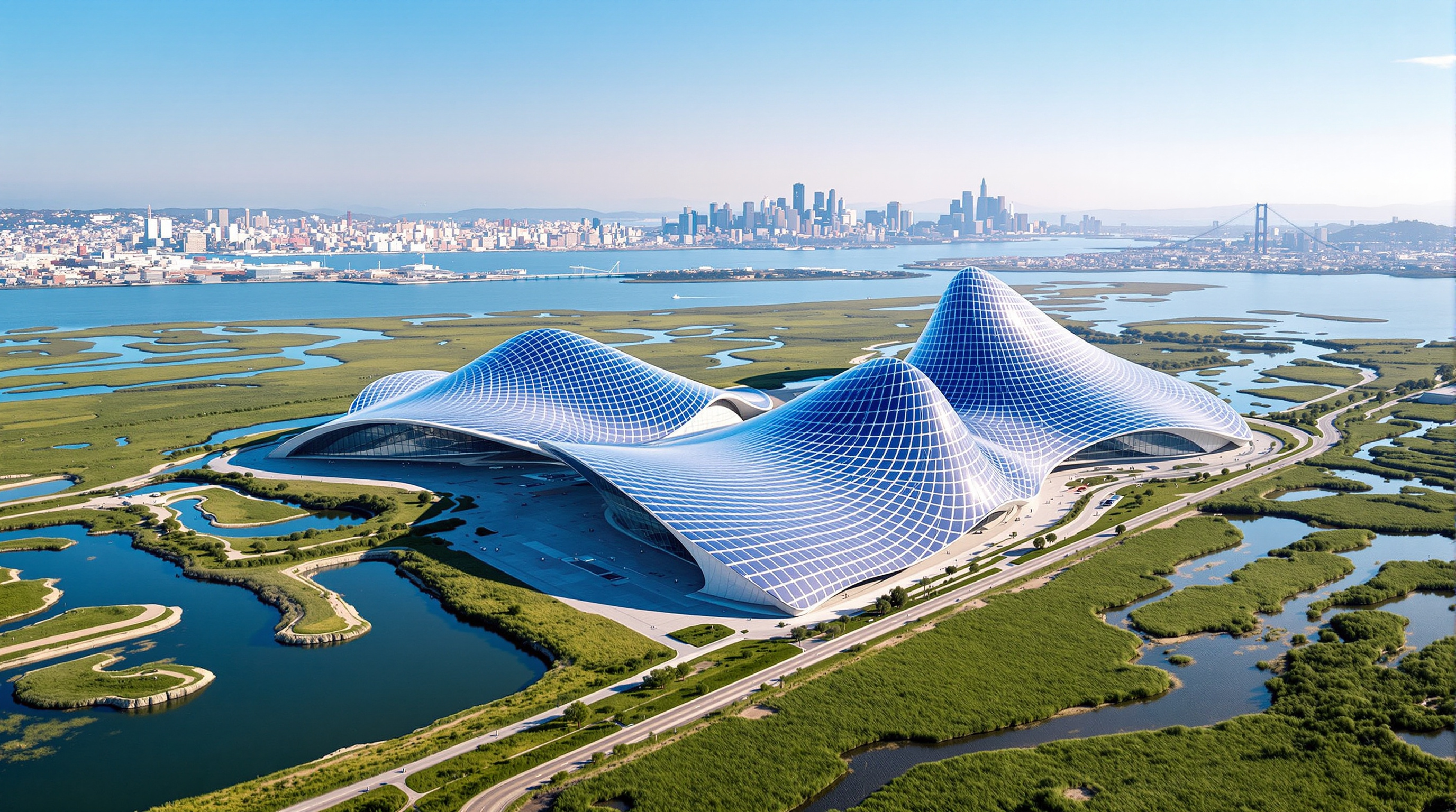 Aerial view of the three low draped canopies of Google Bay View clad in blue-grey dragonscale solar tiles, set among restored green wetlands and water channels at the edge of San Francisco Bay under a clear sky
