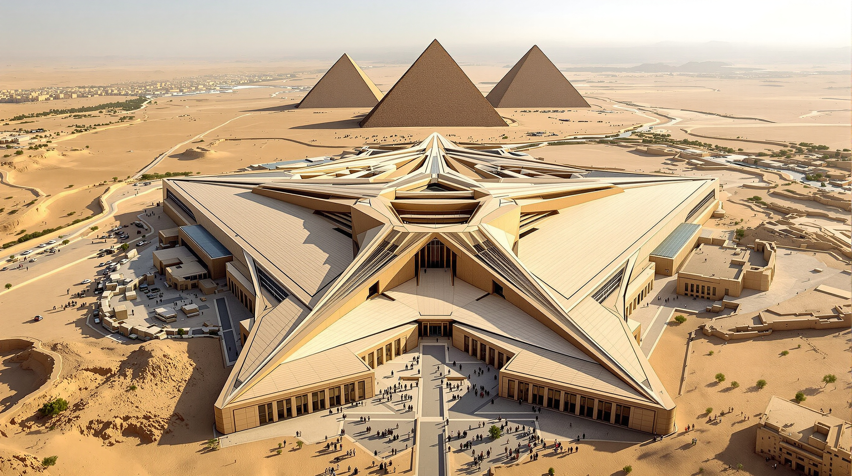 Aerial view of the Grand Egyptian Museum showing its sharp triangular plan cut into the edge of the Giza plateau, the building fanning outward toward the three pyramids in the distance, its stone-clad roofs stepping down into the desert