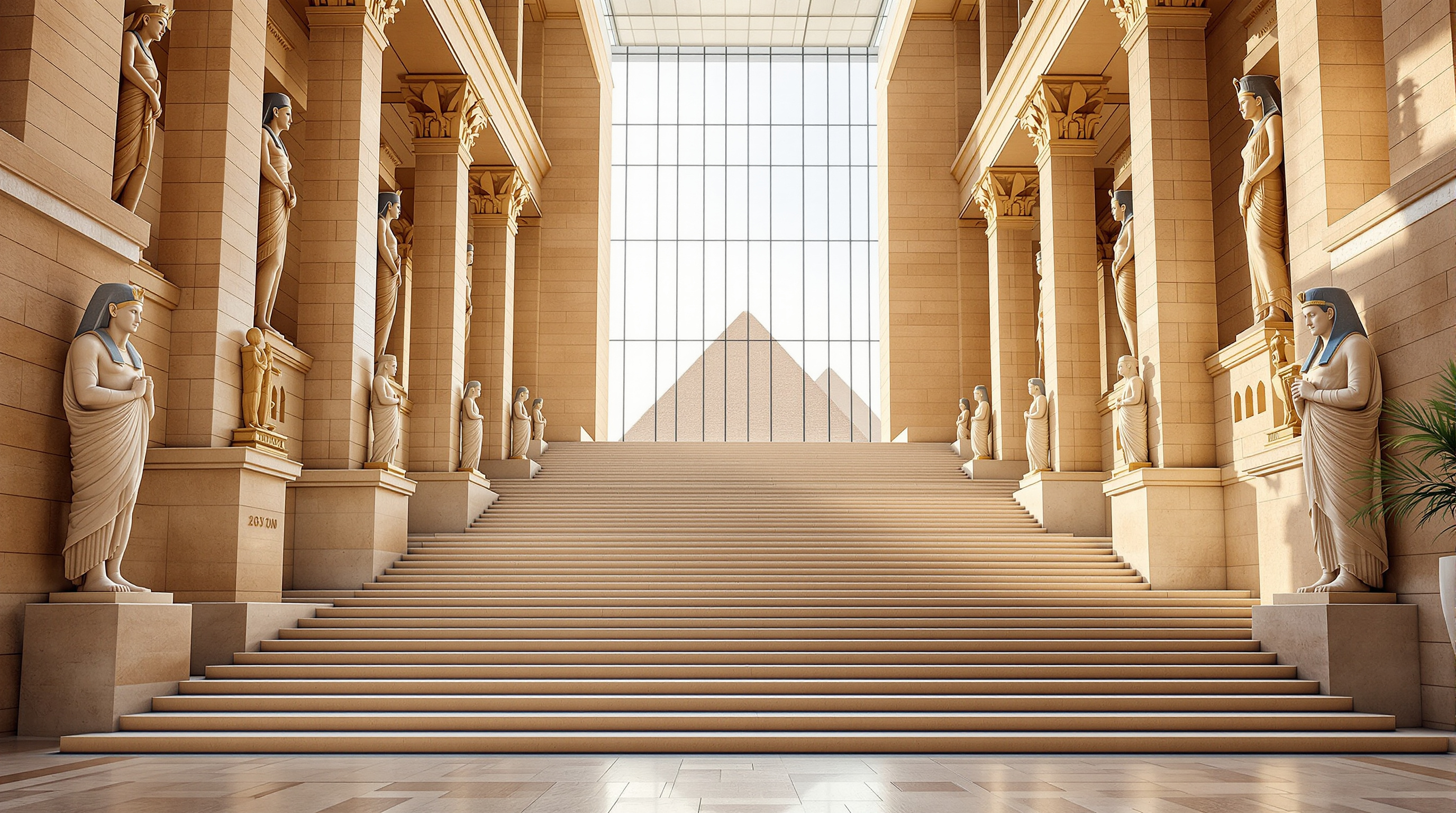 Interior of the Grand Egyptian Museum's Grand Staircase: a broad stone ascent lined with colossal pharaonic statues, sarcophagi and granite columns rising through six storeys toward a vast glazed opening that frames the three pyramids of Giza in the daylight beyond