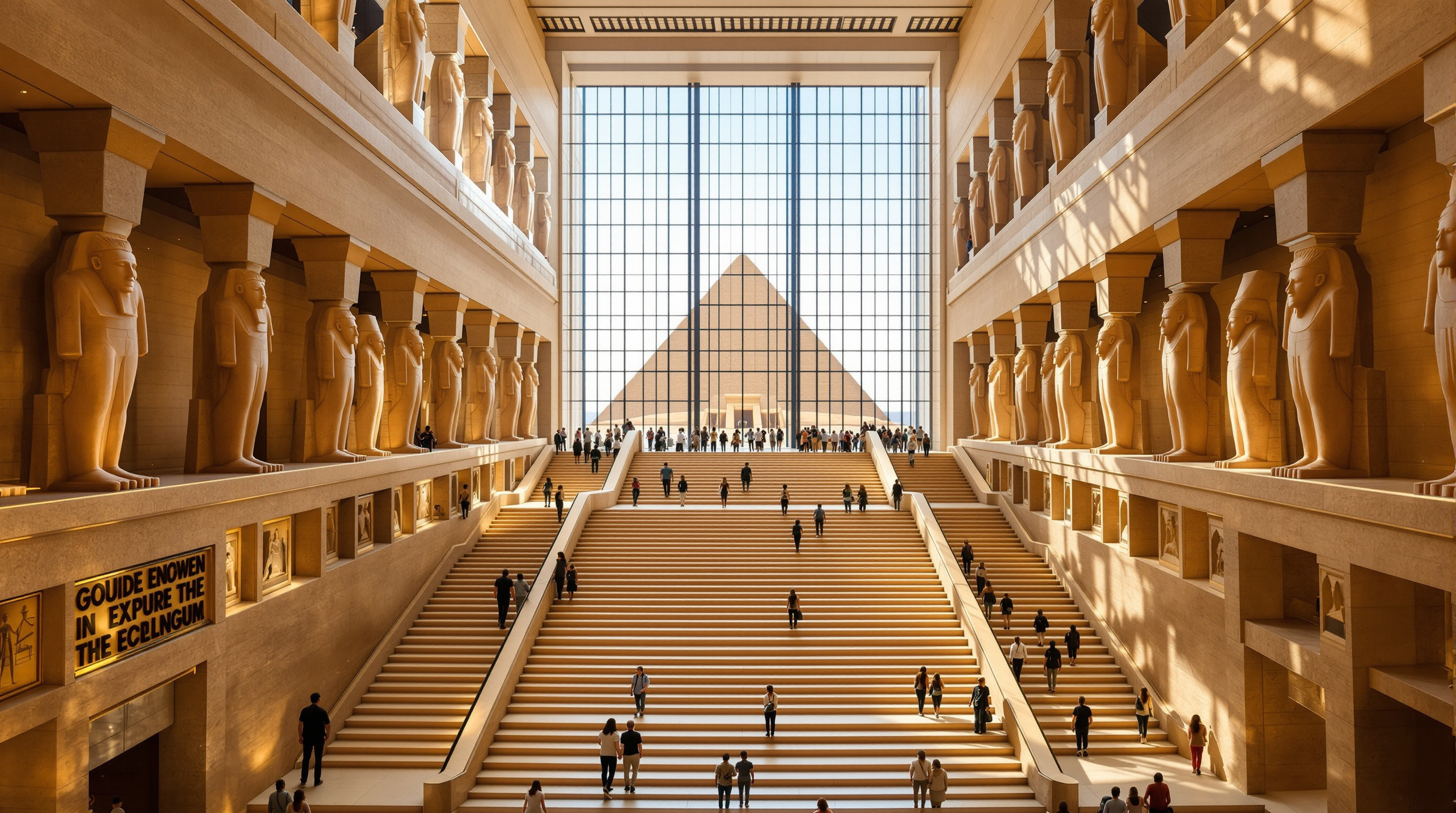The grand staircase inside the Grand Egyptian Museum ascending six storeys, flanked by rows of colossal pharaonic statues in warm stone, visitors climbing toward a vast glazed opening that frames the distant Pyramids of Giza
