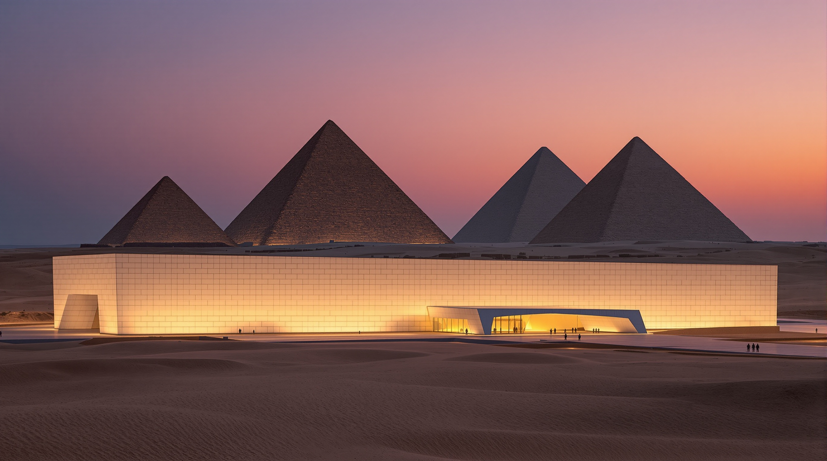Dusk at the Grand Egyptian Museum, the long triangular alabaster facade glowing from within like a lantern across the desert, the illuminated wedge of the building set against the darkening silhouettes of the three pyramids on the plateau behind
