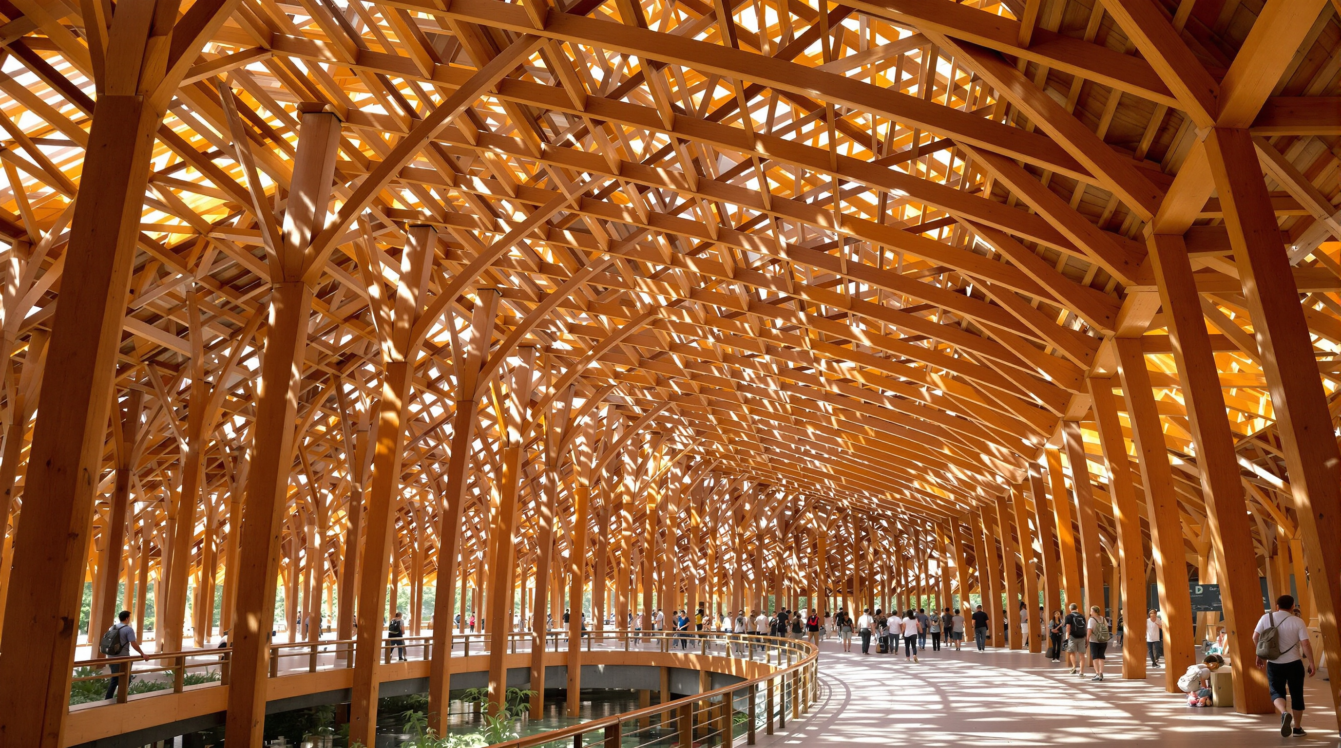 Looking up into the underside of the Grand Ring: a dense, warm lattice of Japanese cedar posts and beams marching in perspective around the curve, dappled sunlight falling through the timber structure onto the walkway below, visitors in shade