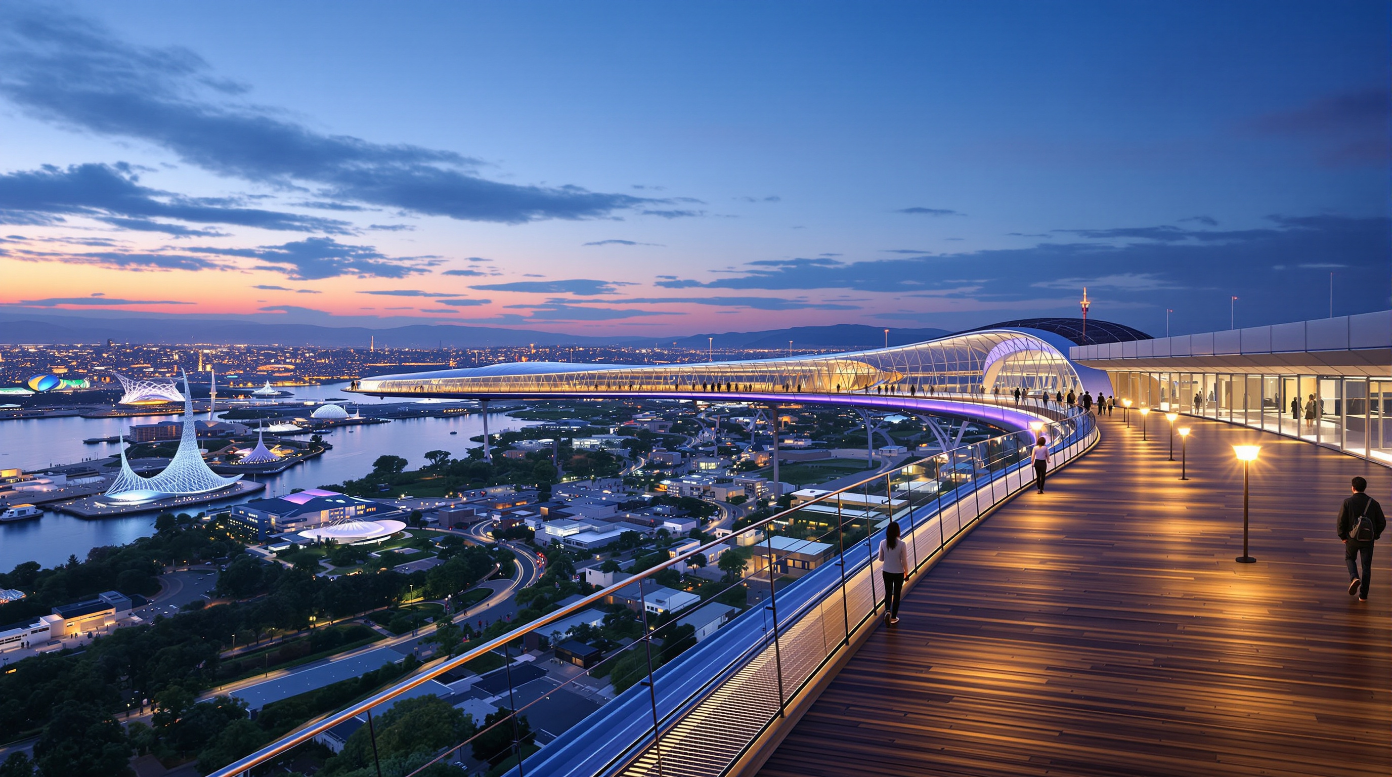The elevated Skywalk on top of the Grand Ring at dusk, a broad timber-decked promenade curving away into the distance, warm lights along its edge, visitors strolling with the illuminated Expo pavilions and Osaka Bay spread out on either side