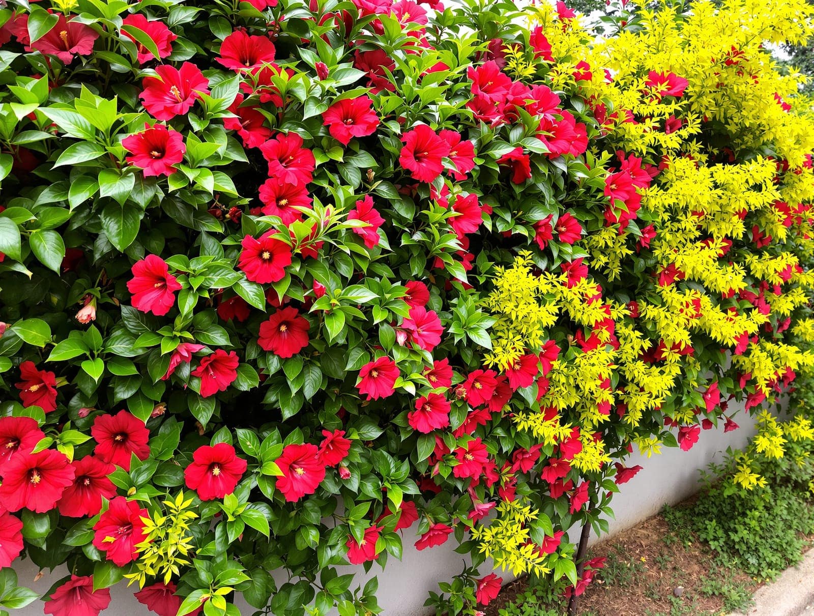 A flowering informal hedge of hibiscus and duranta along an Indian home's boundary, dense and colourful