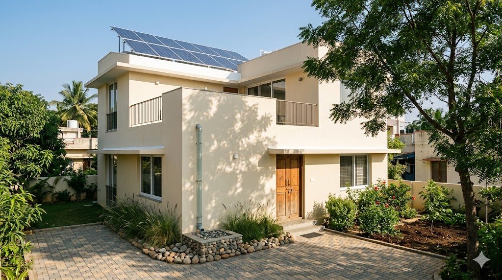 Documentary photograph of a contemporary Indian residential building showing visible green features in one frame — rooftop solar PV panels neatly tilted toward south, a rainwater downpipe descending into a stone-and-pebble percolation pit at the base, native landscaping with neem or curry-leaf plants, and a cool-roof reflective coating visible on the terrace edge. No people, no commercial branding