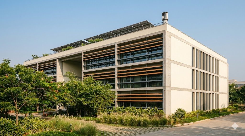 Iconic Indian green-certified building exterior — a contemporary commercial or institutional building (CII-Godrej GBC Hyderabad style or Infosys campus style) showing distinctive sustainable features: deep shading devices on the southern facade, large glazed openings with brise-soleil, rooftop solar panels visible above, green-roof or terrace garden, native landscape in foreground, no commercial signage