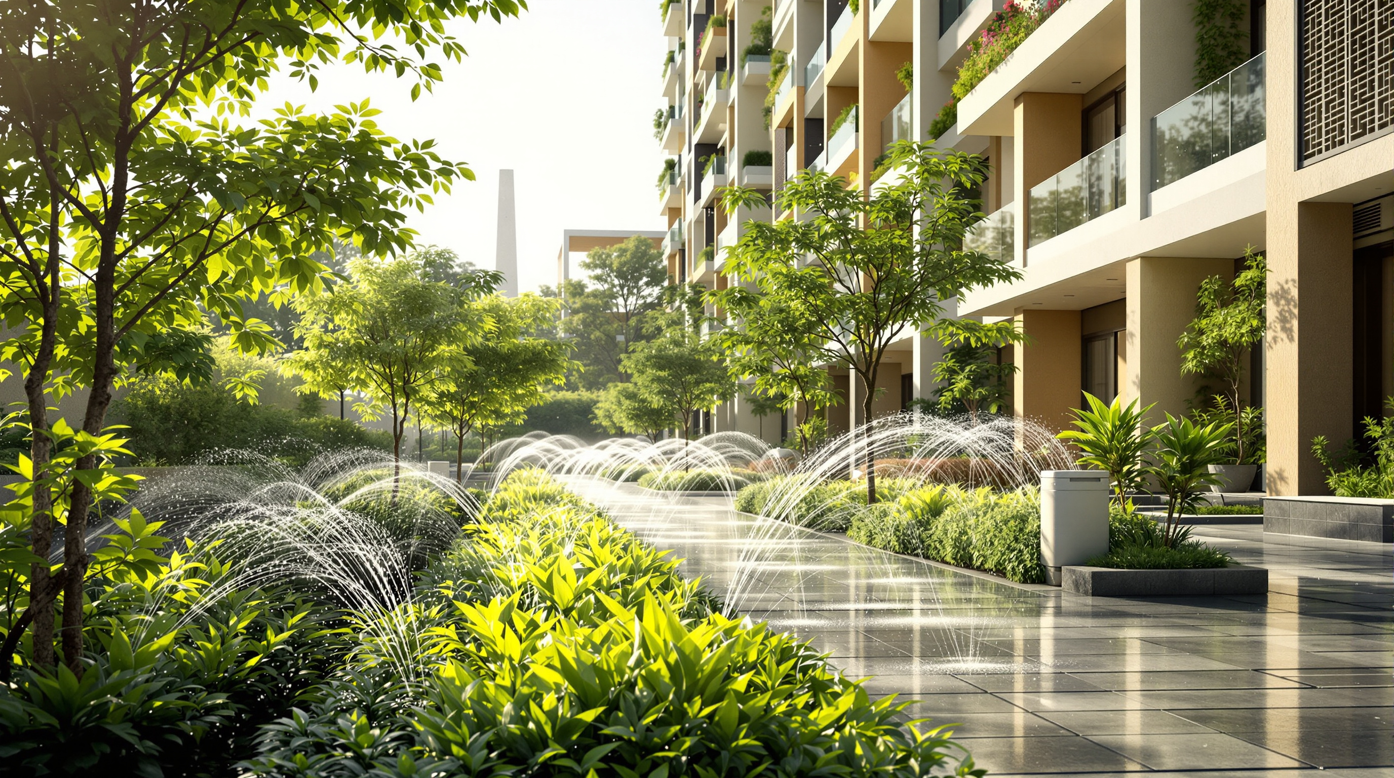 Drip-irrigated landscaped gardens of an Indian green residential building fed by treated water