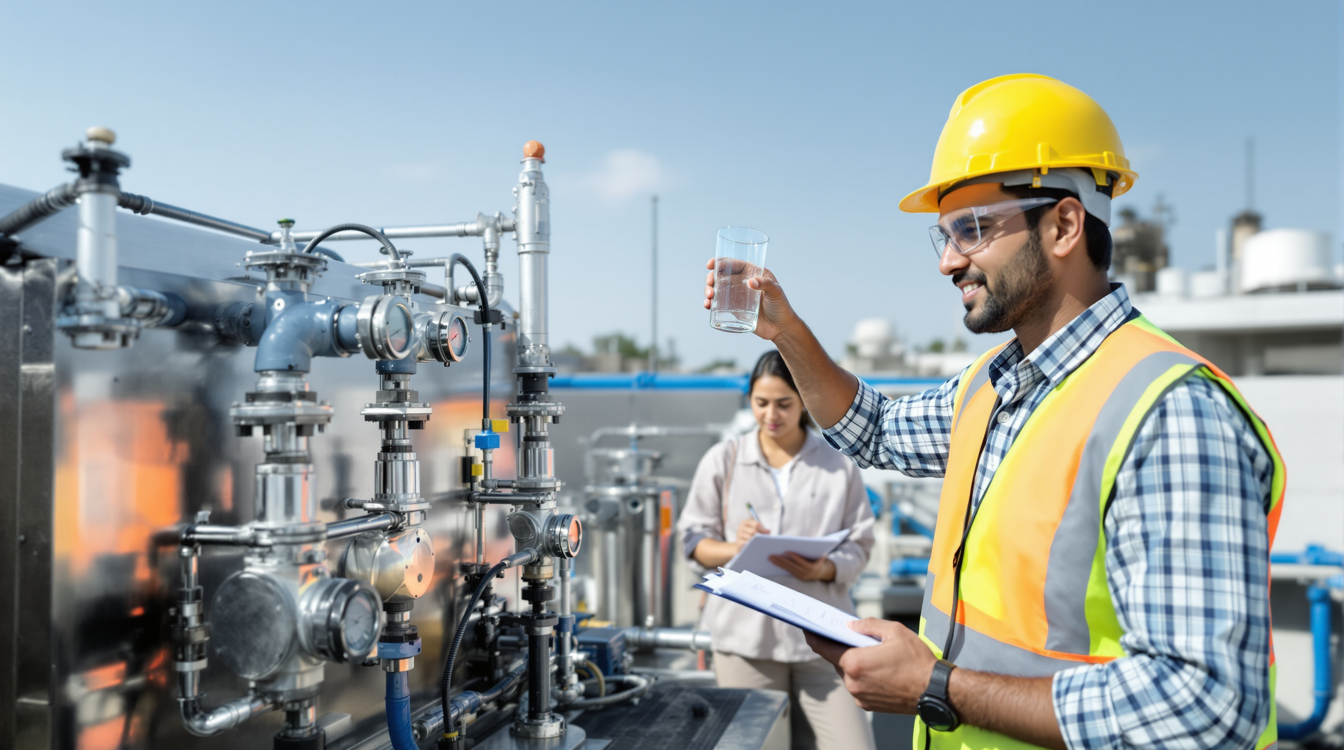 Indian engineer inspecting clear treated water and flow meters at an on-site sewage treatment plant