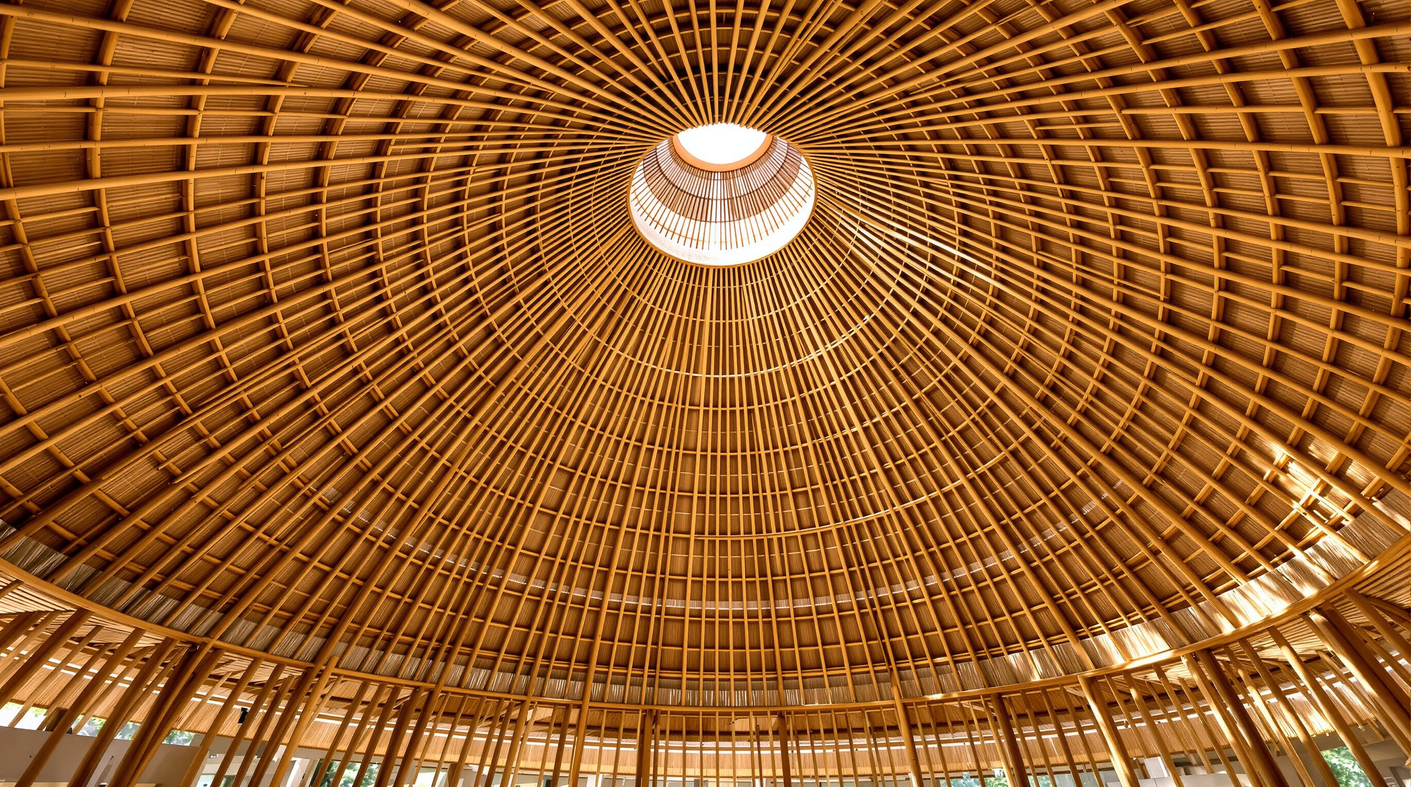 Interior of the Heart of School, looking up into the spiralling bamboo roof structure: a radial fan of curved bamboo rafters converging on a central node, sunlight filtering through the thatched canopy onto open study platforms below