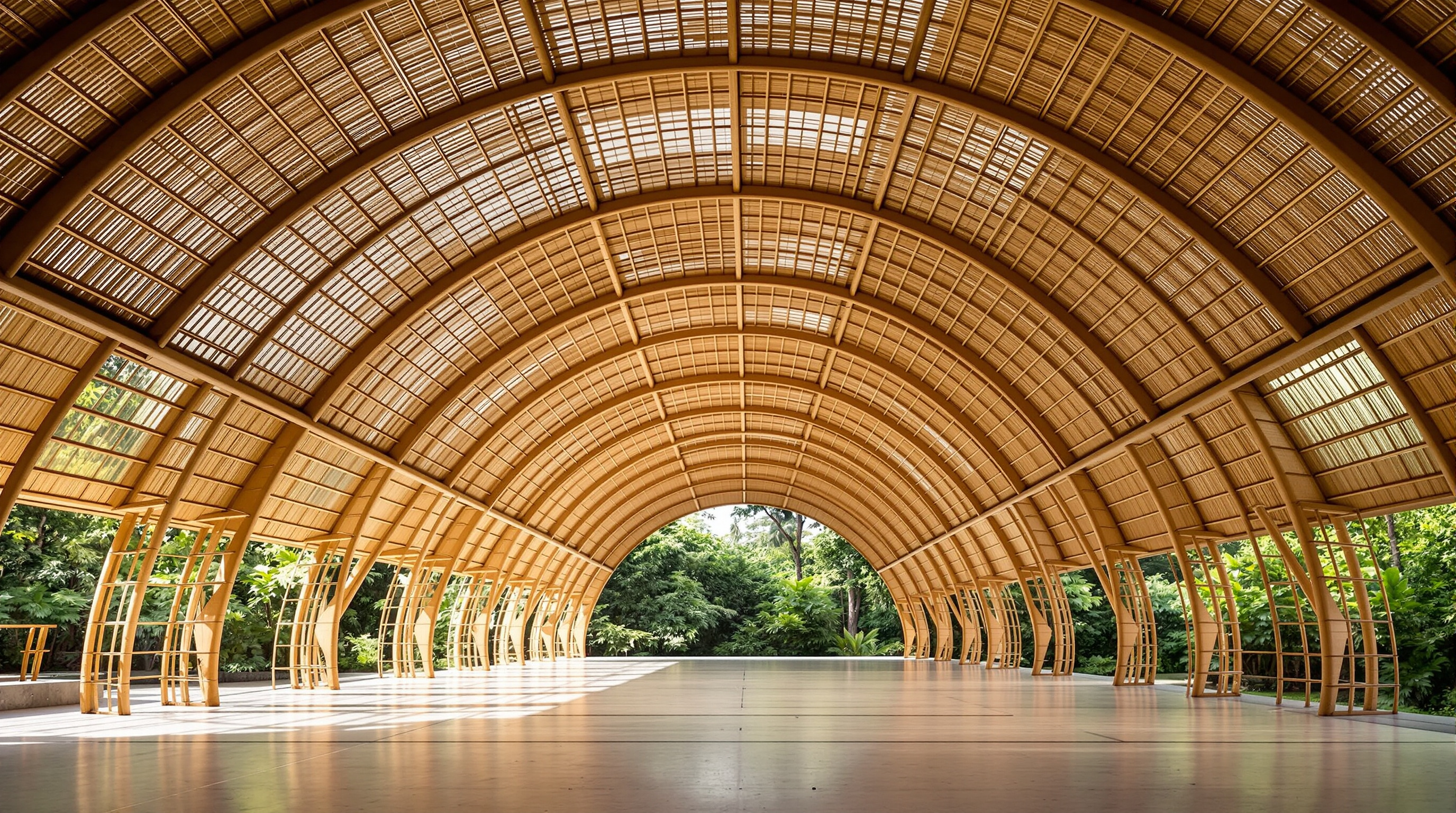 The Arc at Green School Bali: soaring interlocking bamboo arches forming an open-air gymnasium, the pale golden gridshell curving overhead against green jungle, with open ends admitting daylight and breeze