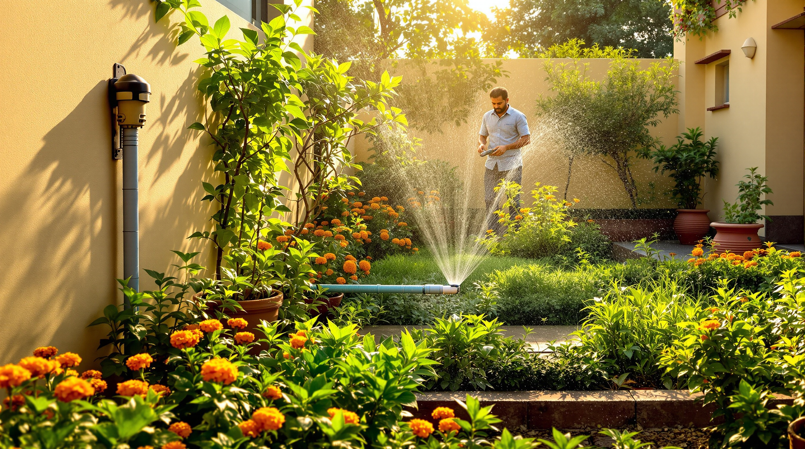 Treated water irrigating a lush green home garden in India