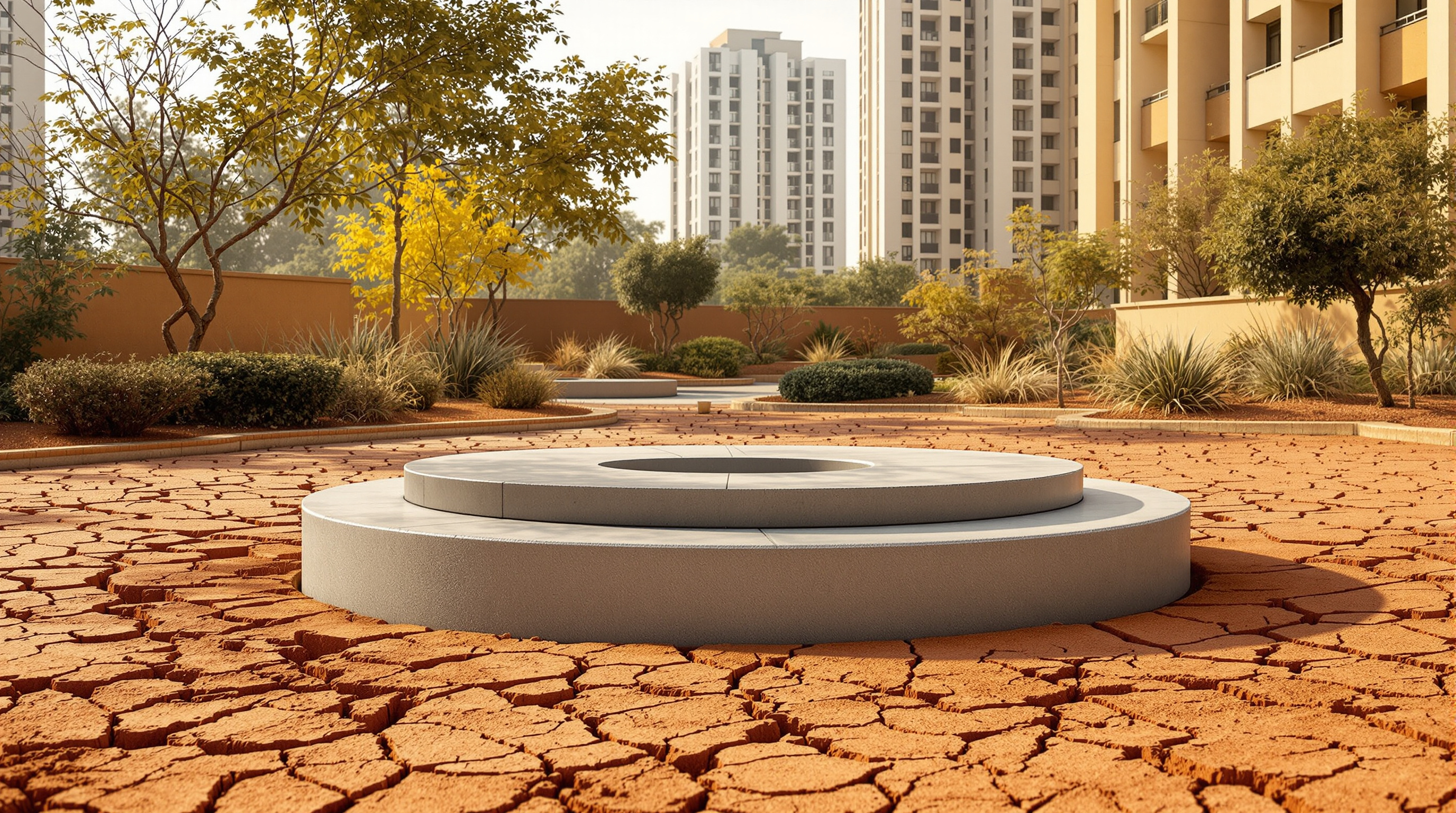 A capped borewell casing rising from dry, cracked ground in the courtyard of an Indian apartment complex during a hot afternoon