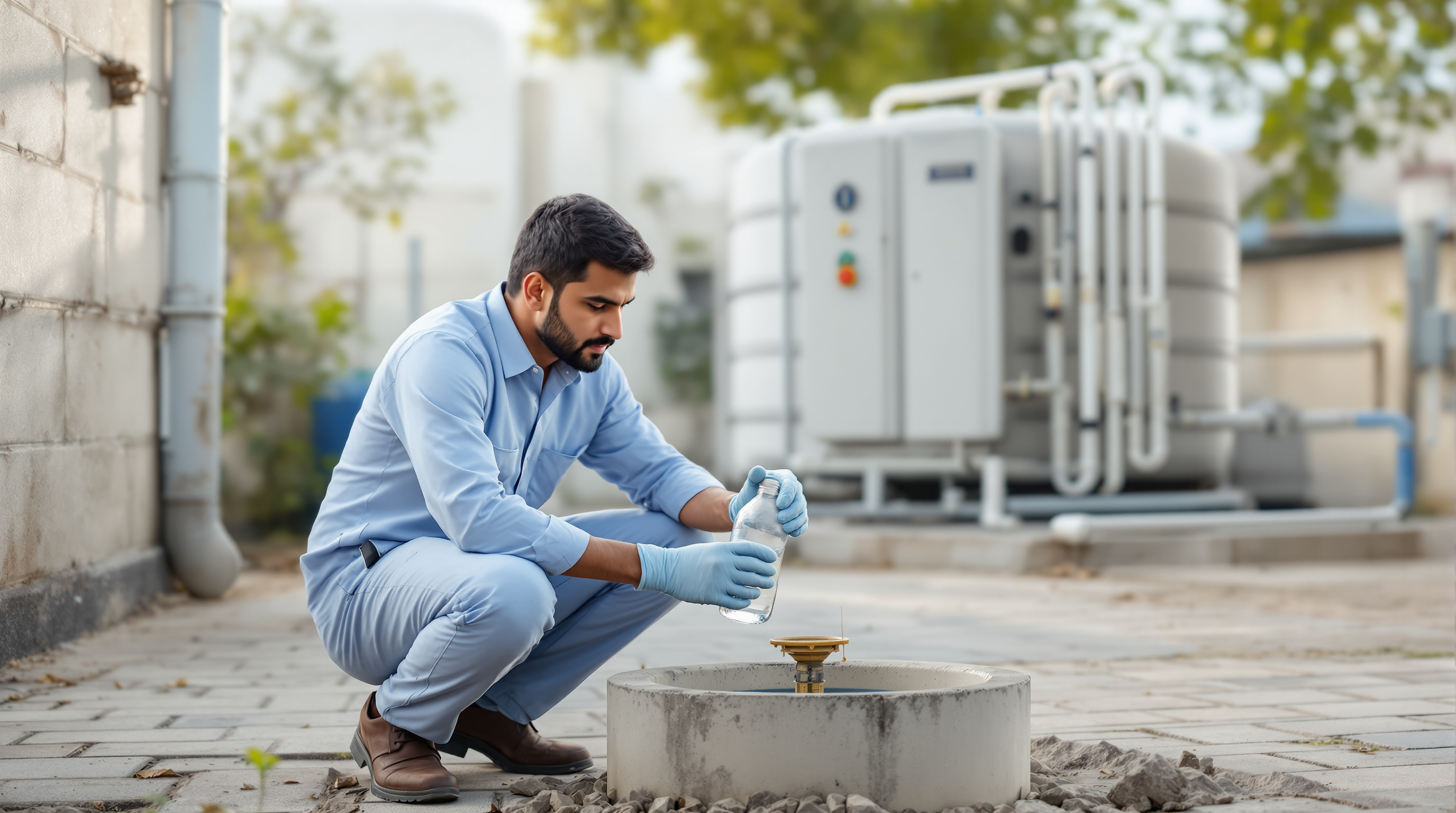 An Indian technician crouching to collect a groundwater sample into a clear bottle at a monitoring borewell beside a treatment plant