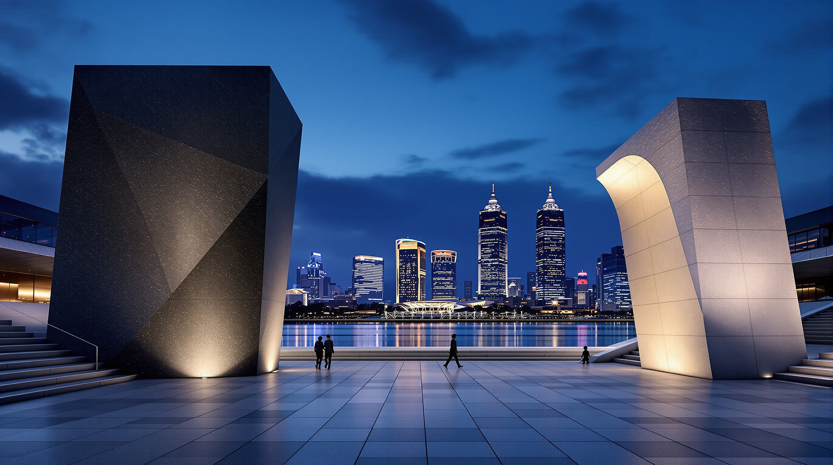 Wide dusk view of the Guangzhou Opera House plaza with visitors crossing between the two illuminated boulder forms, the larger dark stone and smaller pale stone framing the open public space, the Pearl River and city towers behind