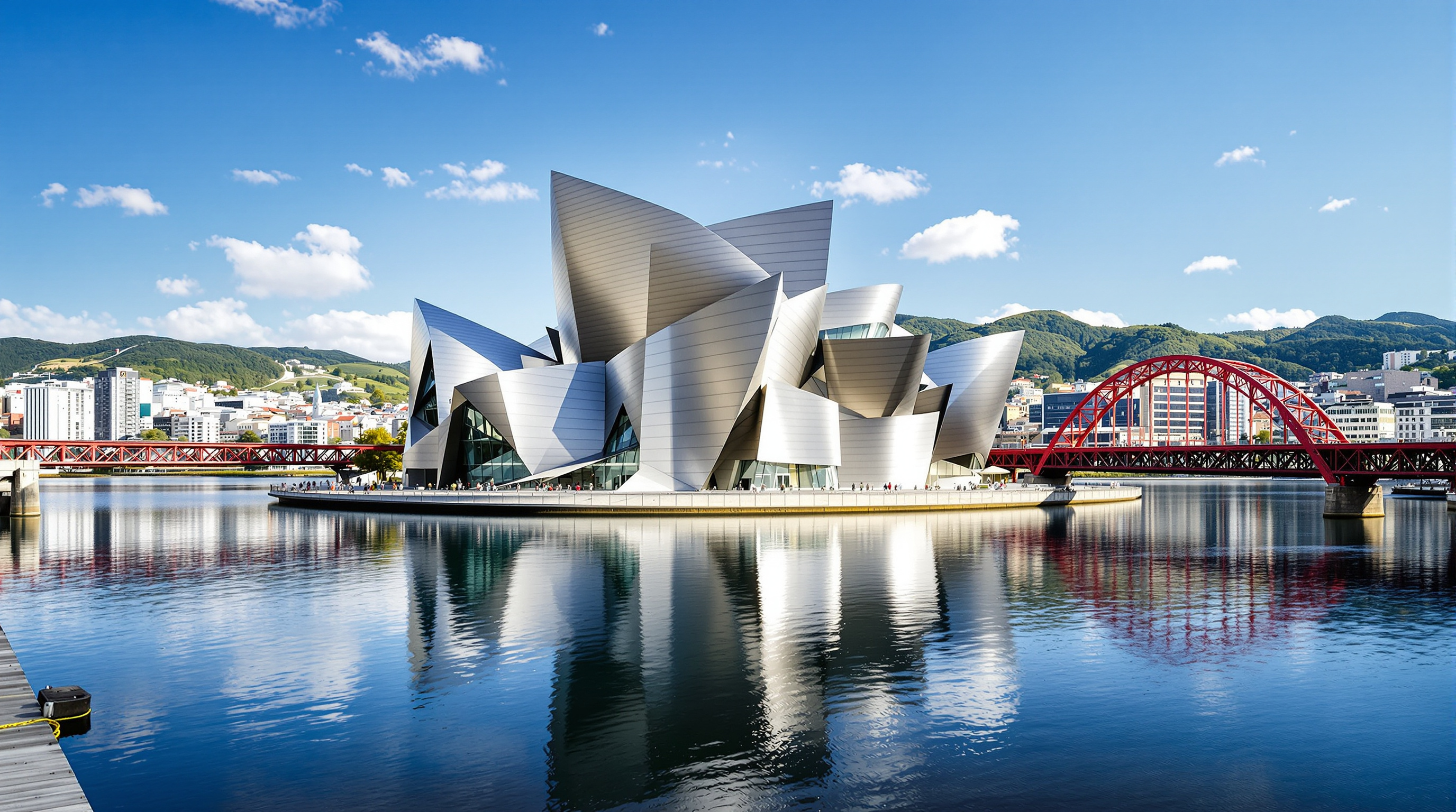 The full sweep of the Guggenheim Bilbao seen from across the Nervión river, its cascading titanium forms mirrored in the water beneath the red La Salve bridge, with the city of Bilbao and green Basque hills rising behind