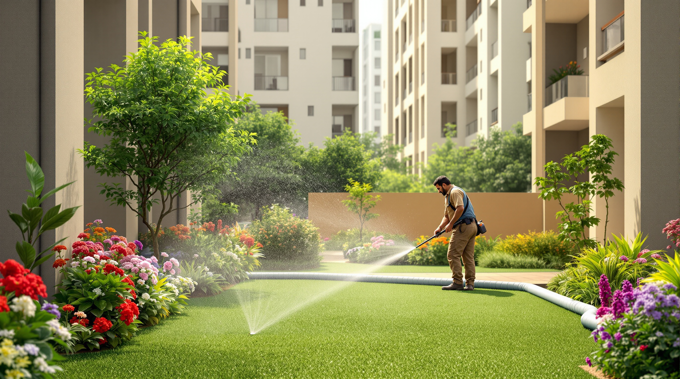 Treated water from an apartment STP being used to irrigate a green landscaped garden in a Gujarat housing complex