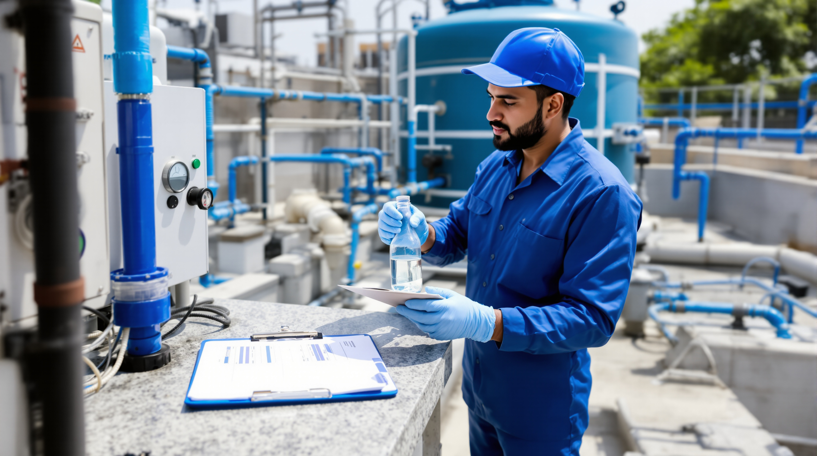 An Indian plant operator collecting a treated water sample at a rooftop sewage treatment plant for laboratory testing