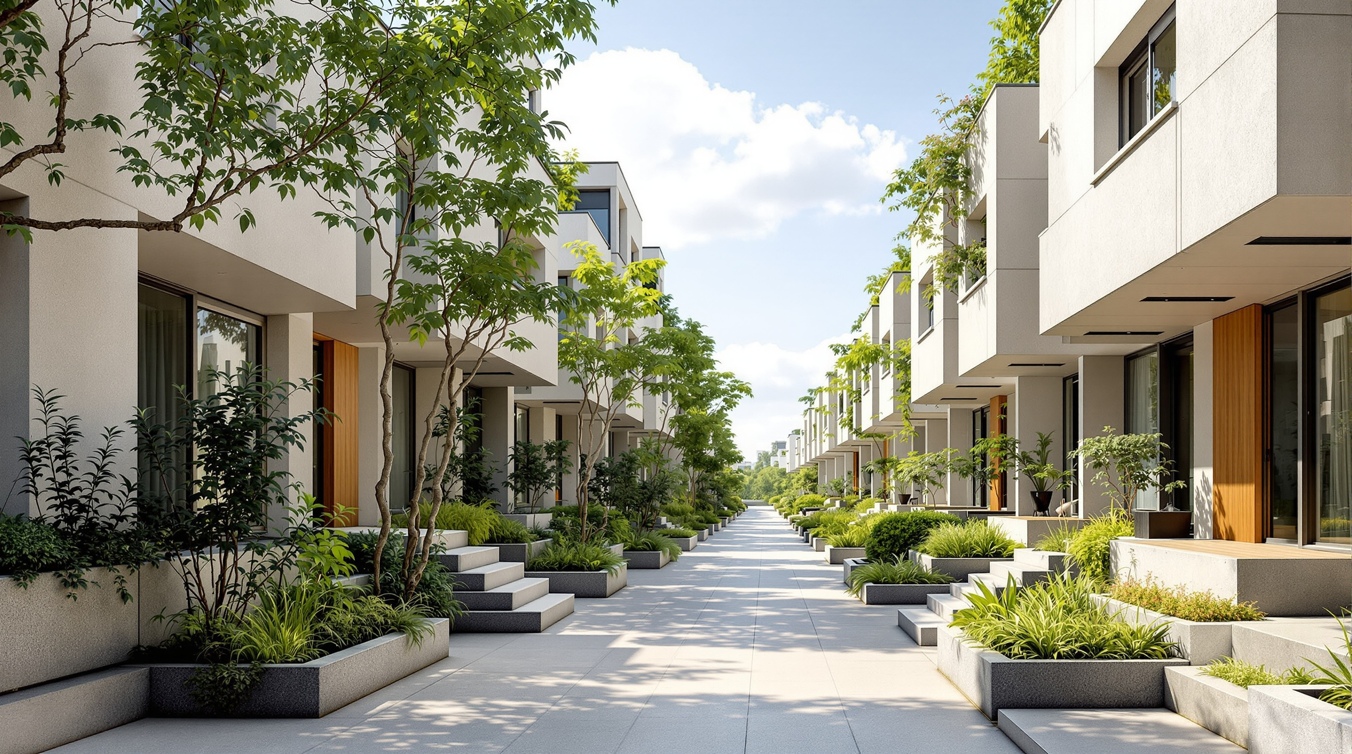 A pedestrian street at Habitat 67: an open-air concrete walkway running between the stepped modules, planters and private terrace gardens spilling over the edges, residents' front doors opening directly onto the deck rather than an internal corridor