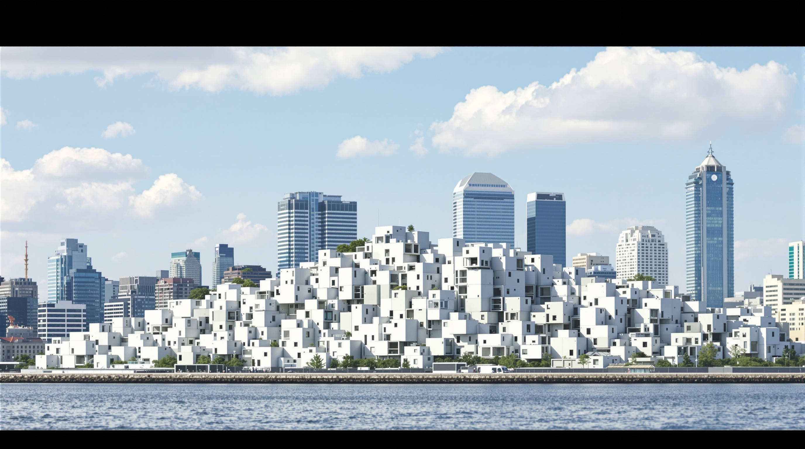 Habitat 67 seen against the Montreal skyline: the pale grey cluster of boxes reads as an artificial hillside on the waterfront, the modern downtown towers rising behind it across the Saint Lawrence River, emphasising the contrast between the modular village and the conventional high-rise city
