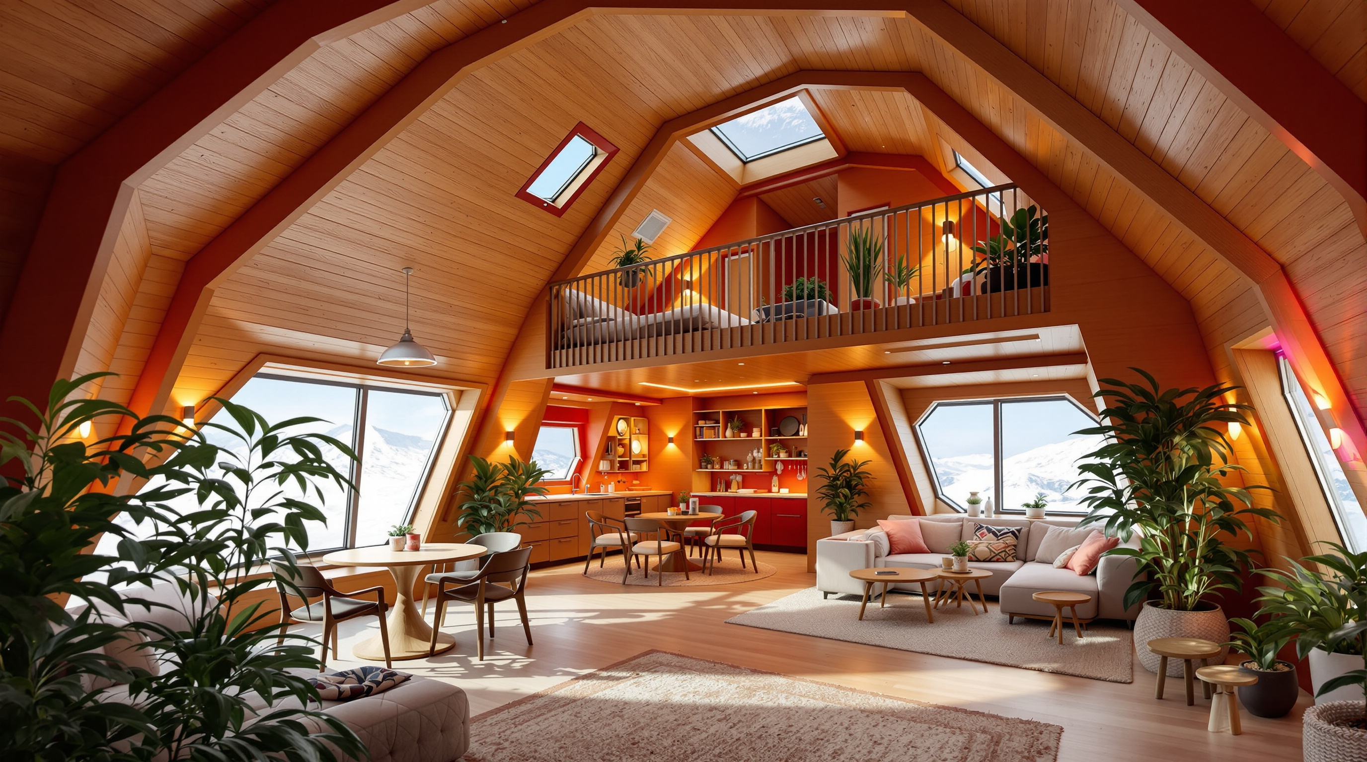 The double-height interior of Halley VI's central red module: a warm, wood-lined two-storey social space with a mezzanine, potted plants, soft coloured lighting and a large angled window looking out onto blinding white Antarctic snow