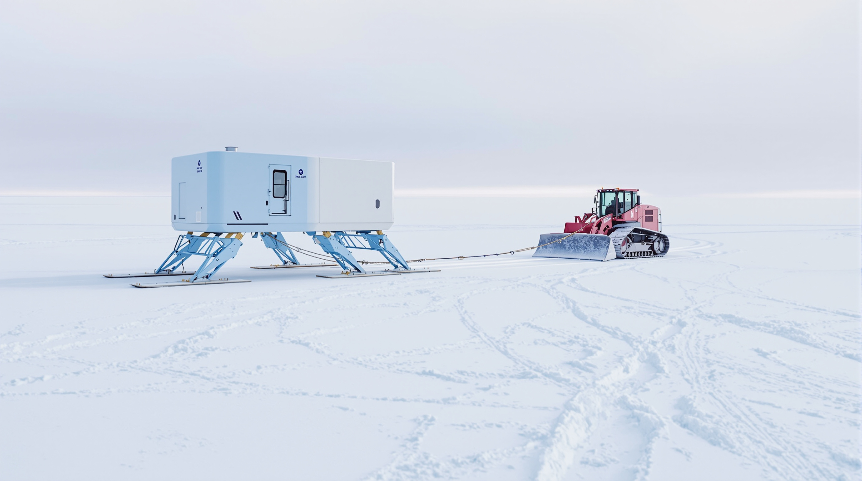 Halley VI mid-relocation on the Brunt Ice Shelf: a single blue module perched on its splayed legs and skis being hauled across a vast flat snowfield by a red tracked bulldozer, deep tow-tracks stretching to the horizon under a pale polar sky