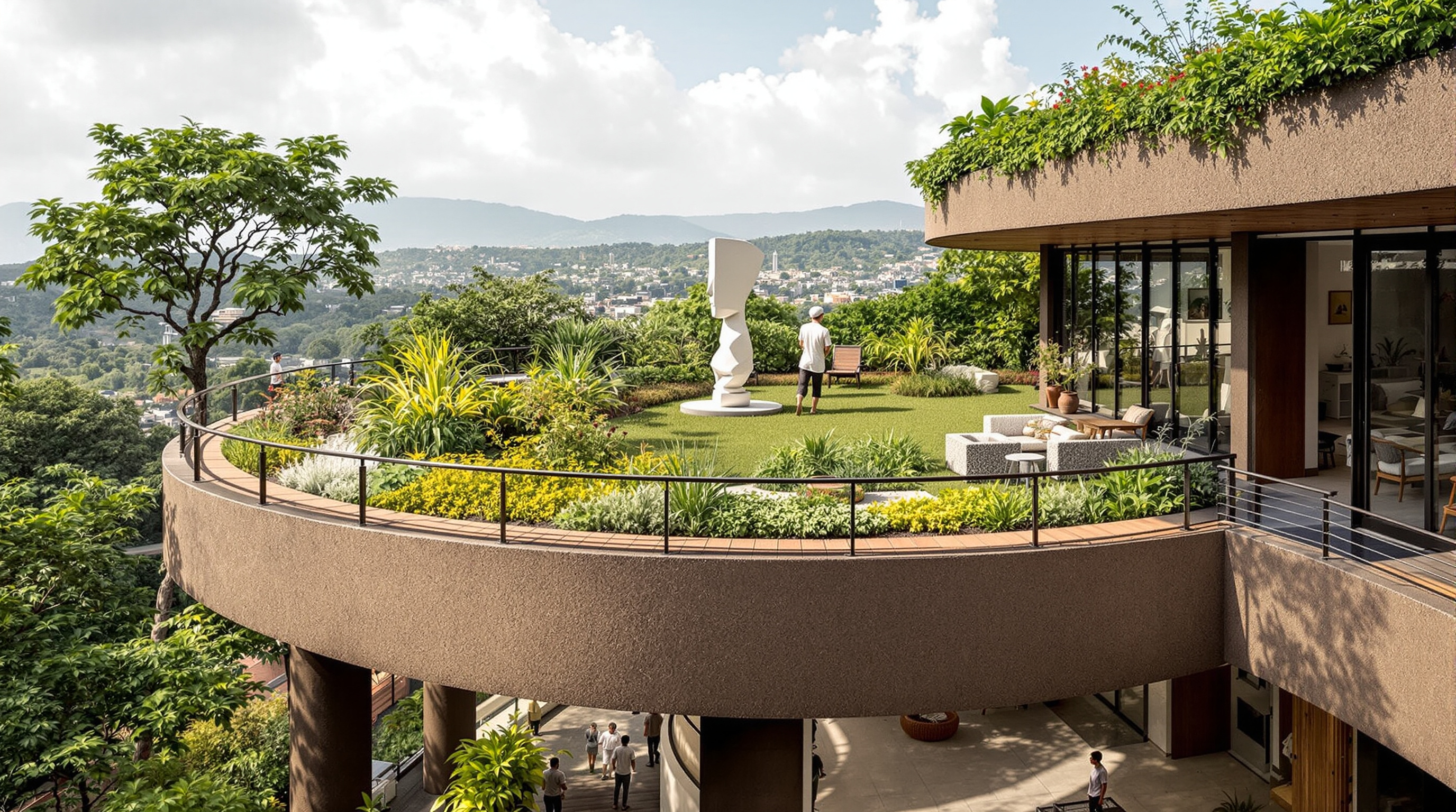 A walkable planted roof terrace at Hampi Art Labs, its curving parapet framing a view over the Karnataka hills, with a large contemporary sculpture sited on the green roof as an outdoor gallery