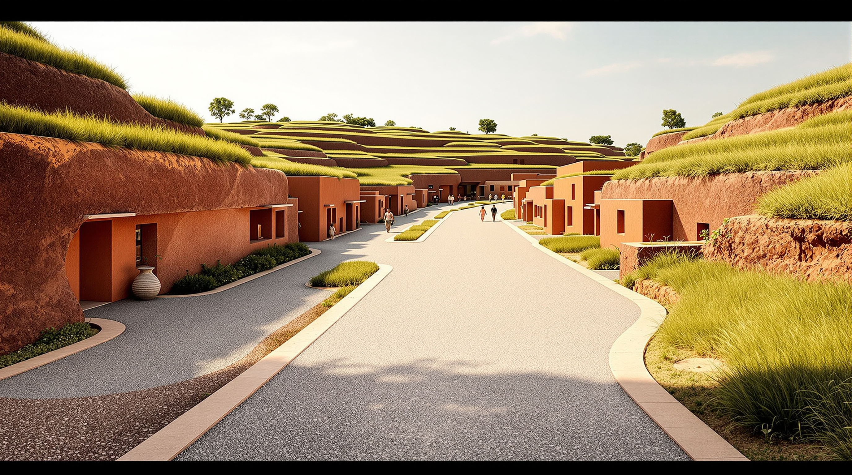 The central 'space of flows' valley at Hampi Art Labs: a wide, gently curving open-air circulation spine of stabilised gravel and stone, flanked by earth-red concrete volumes whose planted roofs rise on either side like terraced hills, artists and visitors moving through the shaded route