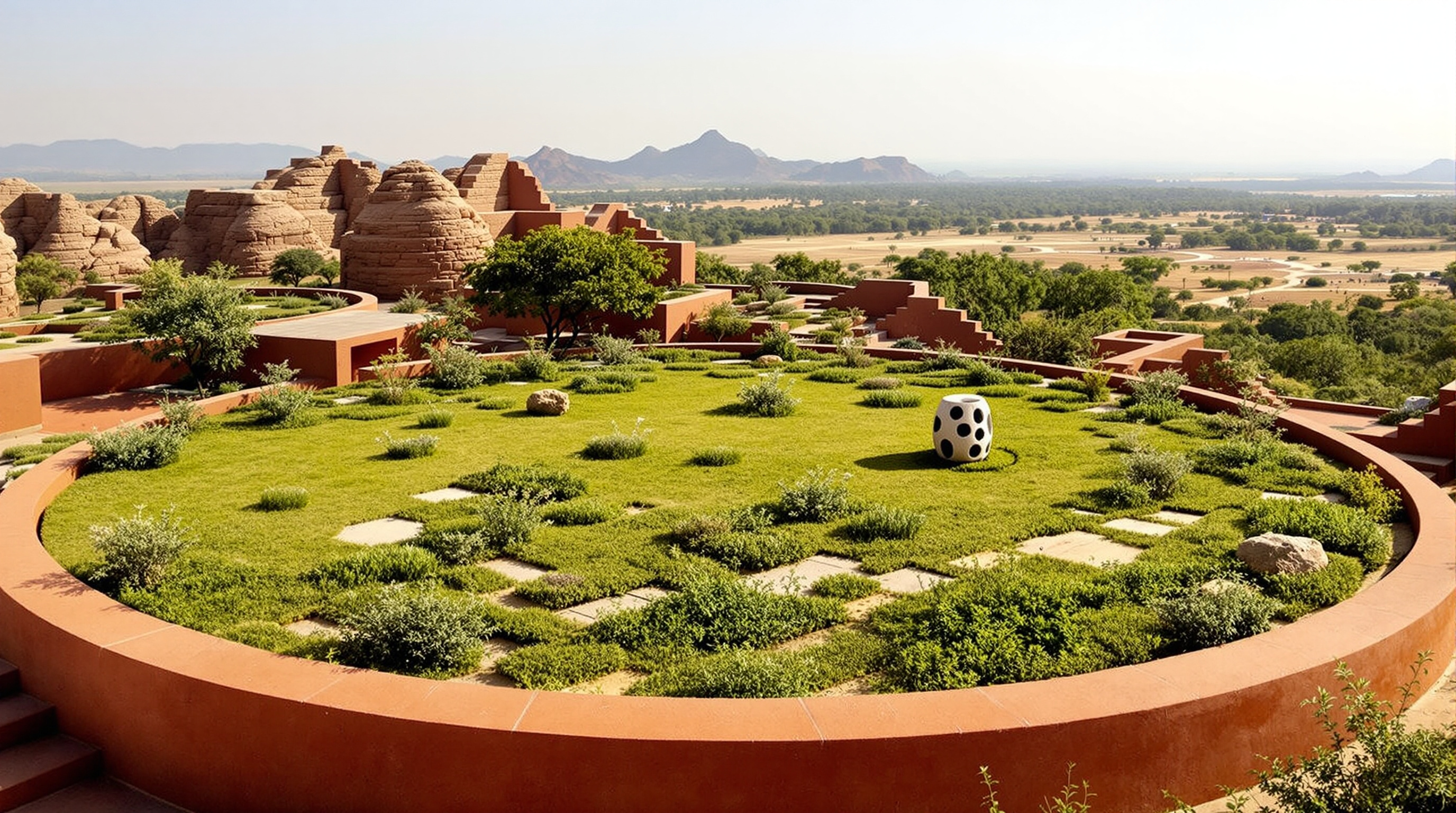 A planted, walkable roof at Hampi Art Labs seen from above: grass and native shrubs growing across the curving concrete roofscape, a land-art sculpture placed on the green surface, with the real granite boulder hills of Vijayanagara and the Tungabhadra plain stretching to the horizon beyond