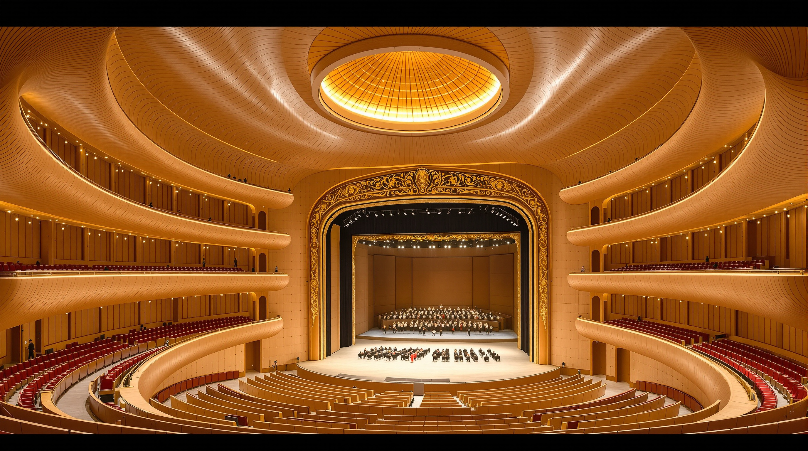 Inside the Harbin Opera House grand theatre: walls and balconies sculpted from thousands of bent narrow planks of pale golden Manchurian ash, flowing around the stage like the interior of a wooden instrument, with a single large window behind the stage looking out to the wetland