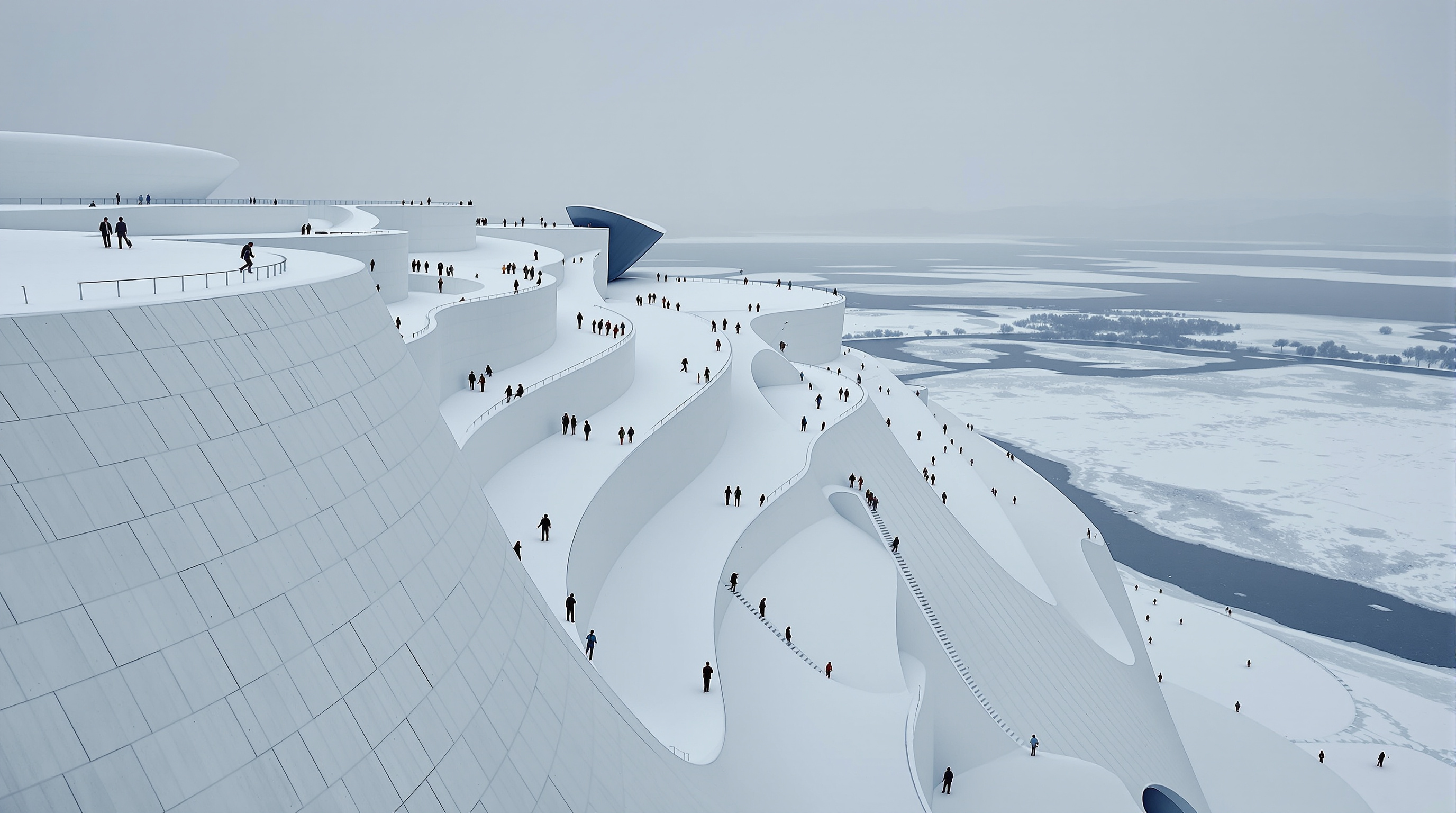 Visitors climbing the exterior ramps and paths of the Harbin Opera House in deep winter, tiny figures ascending the vast white curving shell under an overcast sky, snow lying across the rooftop amphitheatre