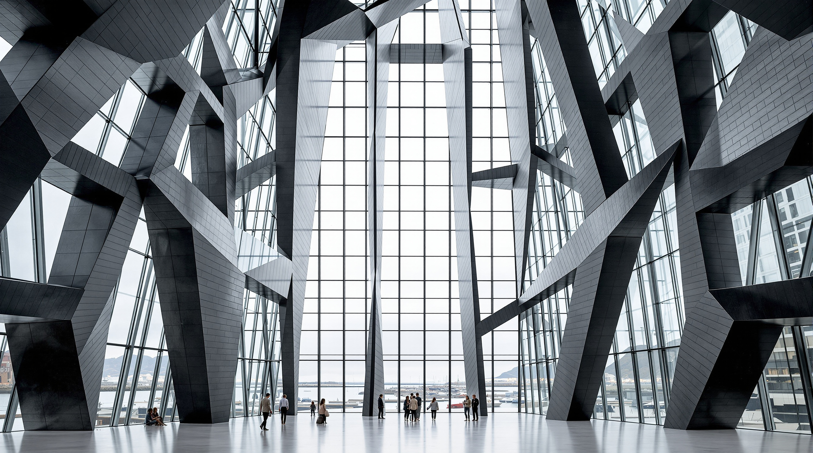 Interior of Harpa's main foyer looking up through the multi-storey glass façade, the black steel geometry of the quasi-bricks framing views of Reykjavik harbour, visitors small on the pale stone floor beneath the towering crystalline wall