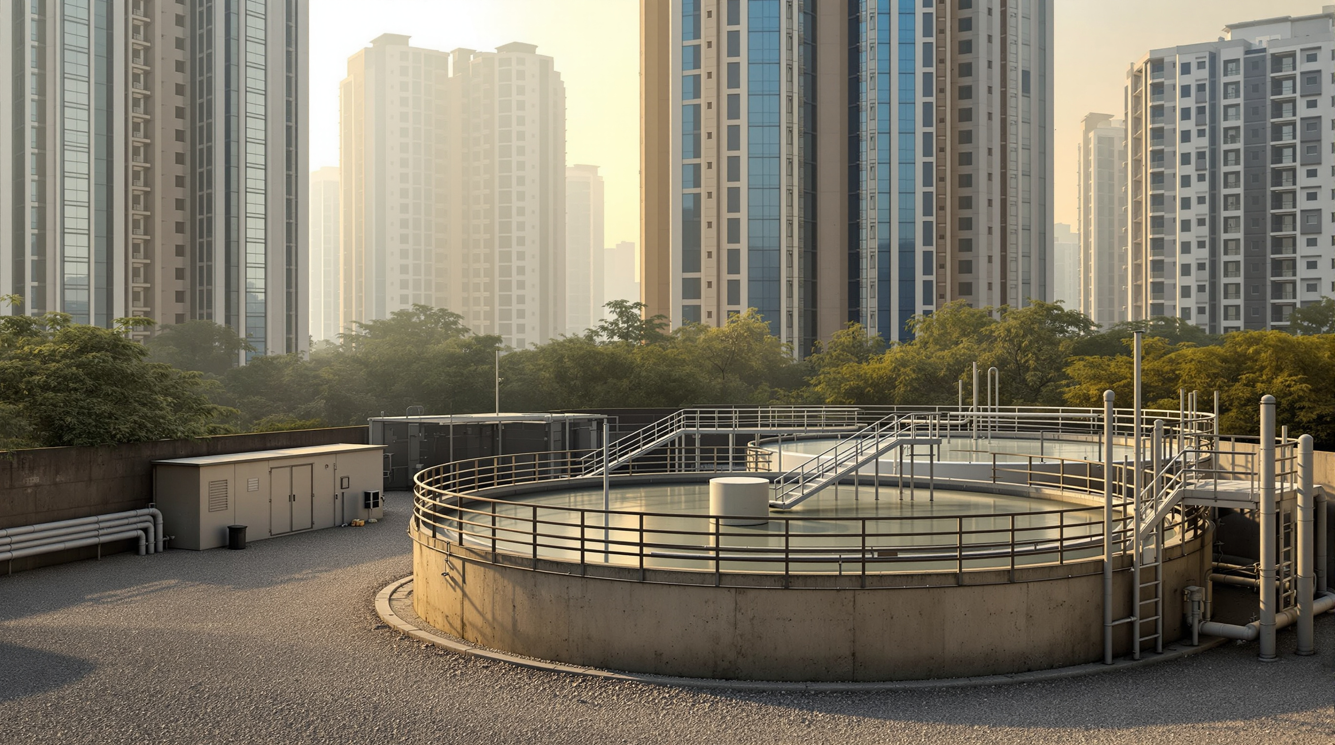 A compact on-site sewage treatment plant with circular aeration tanks beside tall residential towers in a Gurugram group housing complex