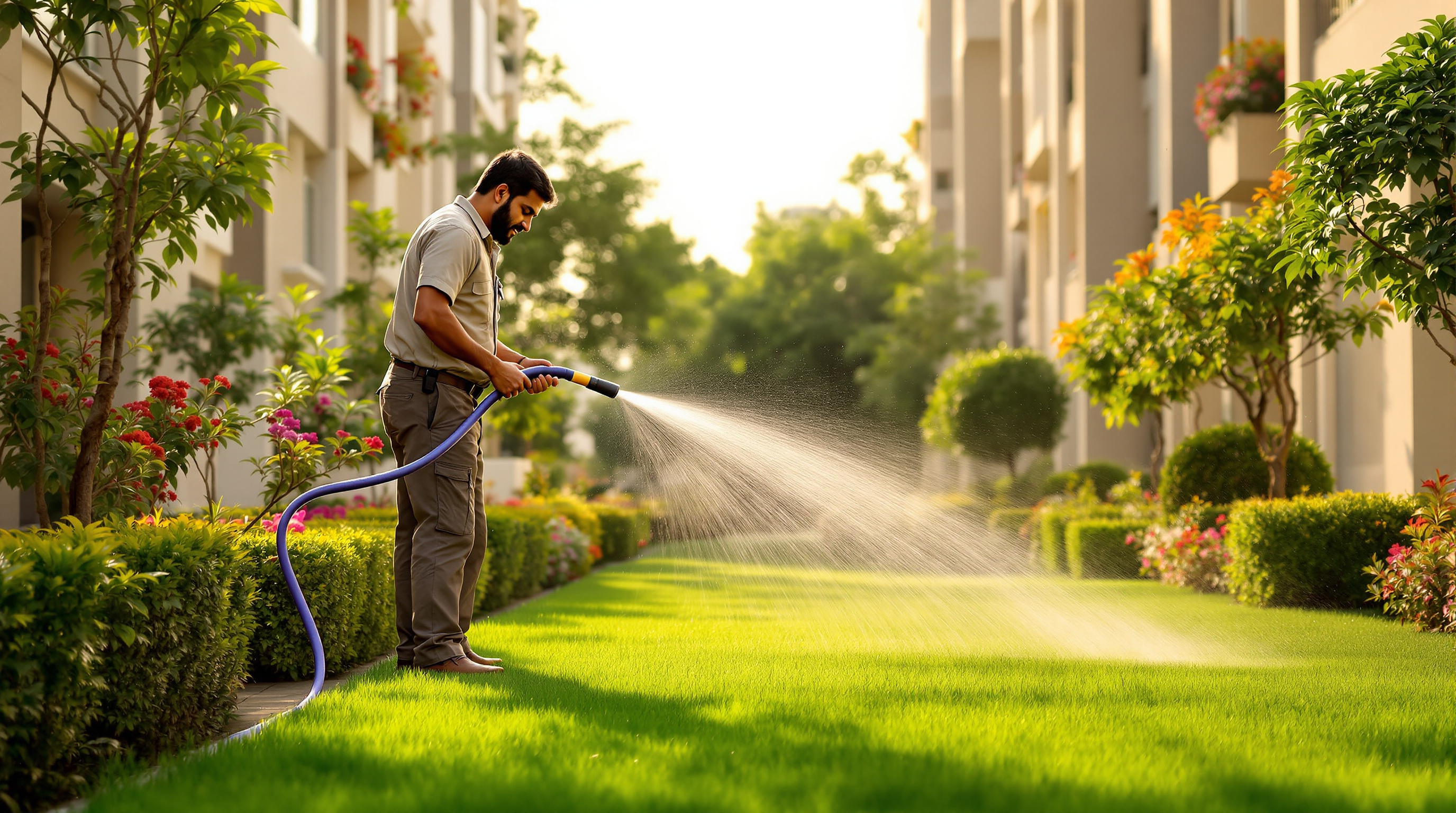 An Indian gardener using treated recycled water through a hose to irrigate a lush green landscaped lawn inside a housing society