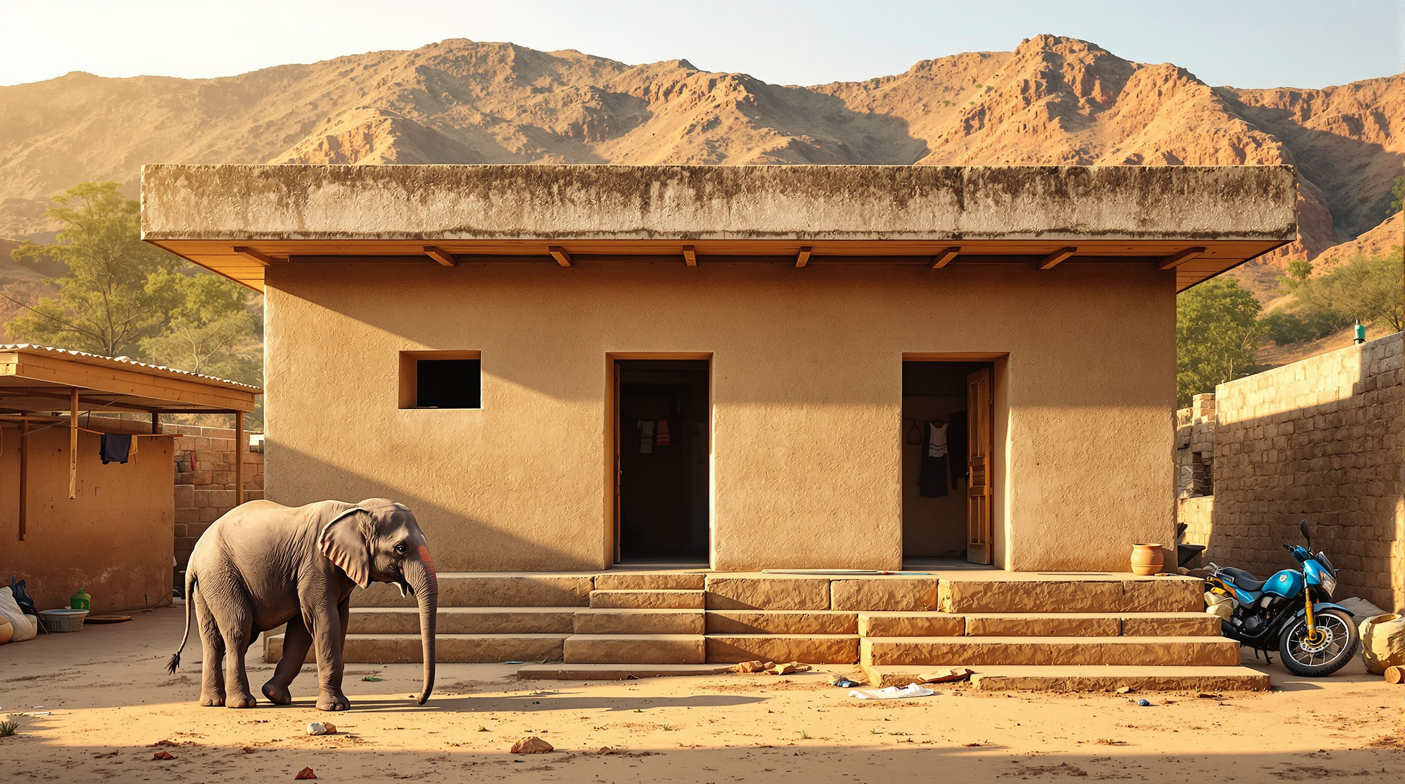 A single-storey stone dwelling at Hathigaon with a flat concrete roof and rough local-stone walls, an open shaded courtyard in front where a young elephant stands beside laundry lines and low steps, warm afternoon light on the Aravalli foothills behind