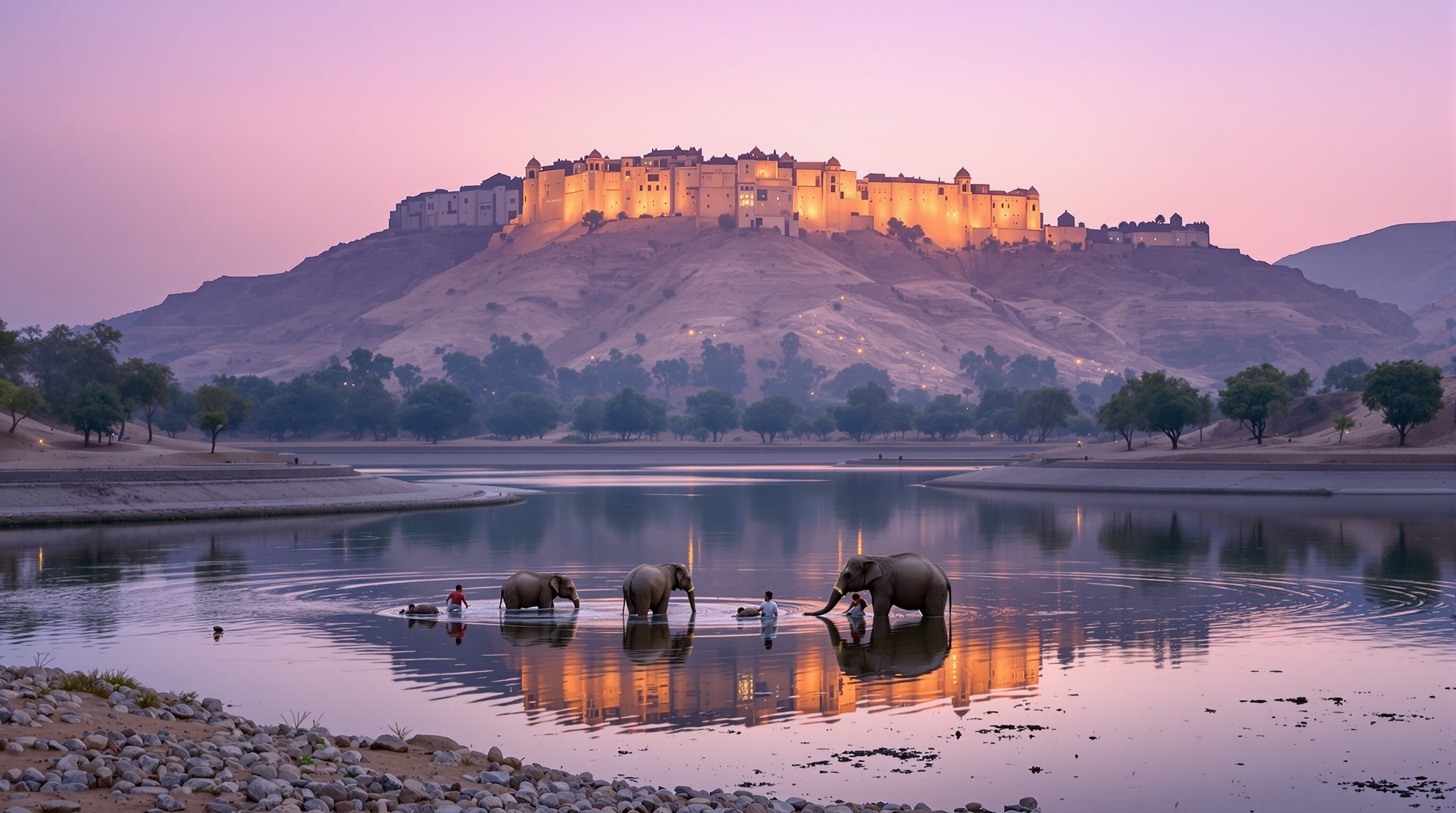 Wide view of the Hathigaon water body at dusk, a broad shallow reservoir reflecting the silhouette of Amber Fort on the ridge above, several elephants wading and being washed by mahouts at the water's edge, young trees ringing the regenerated quarry basin