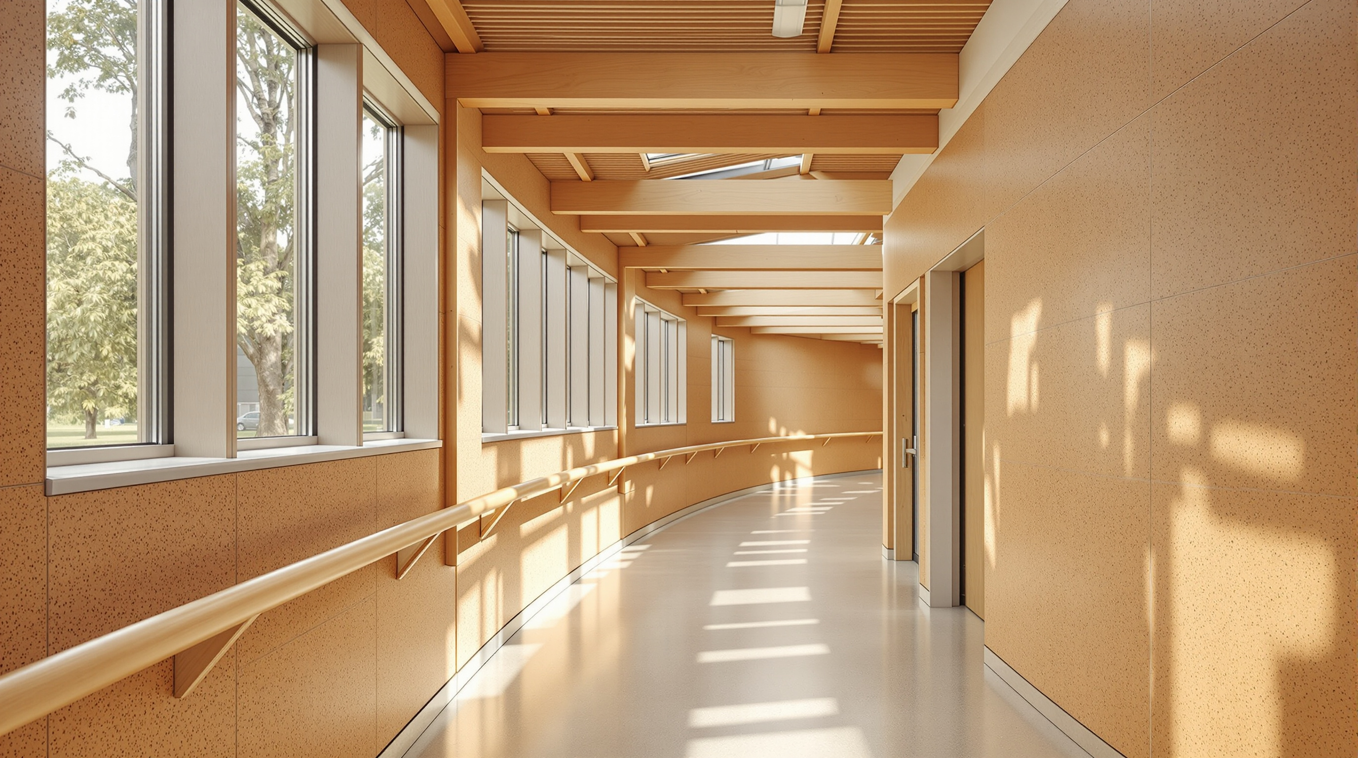 The interior circulation spine of Hazelwood School: a warm, curving cork-clad wall with a smooth timber handrail runs alongside, glulam beams and a slatted timber ceiling overhead, natural light washing down from clerestory windows