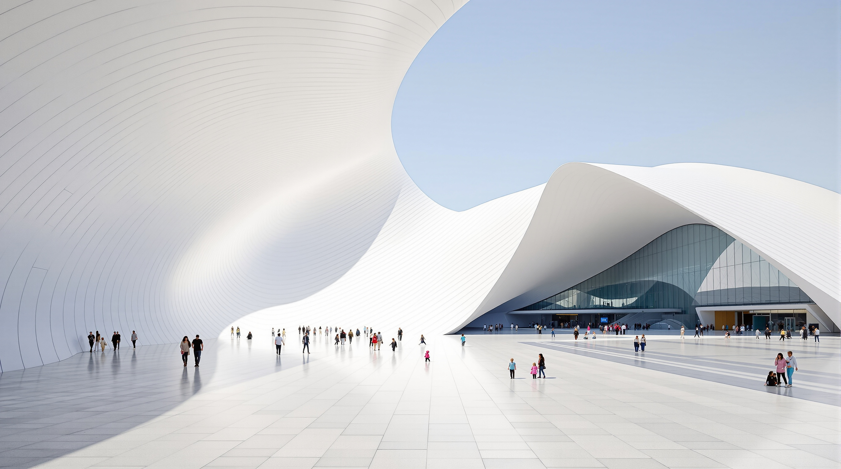 Visitors walking across the vast, fluid white plaza of the Heydar Aliyev Center, the building's undulating roof sweeping down to meet the ground, giving a sense of the enormous scale