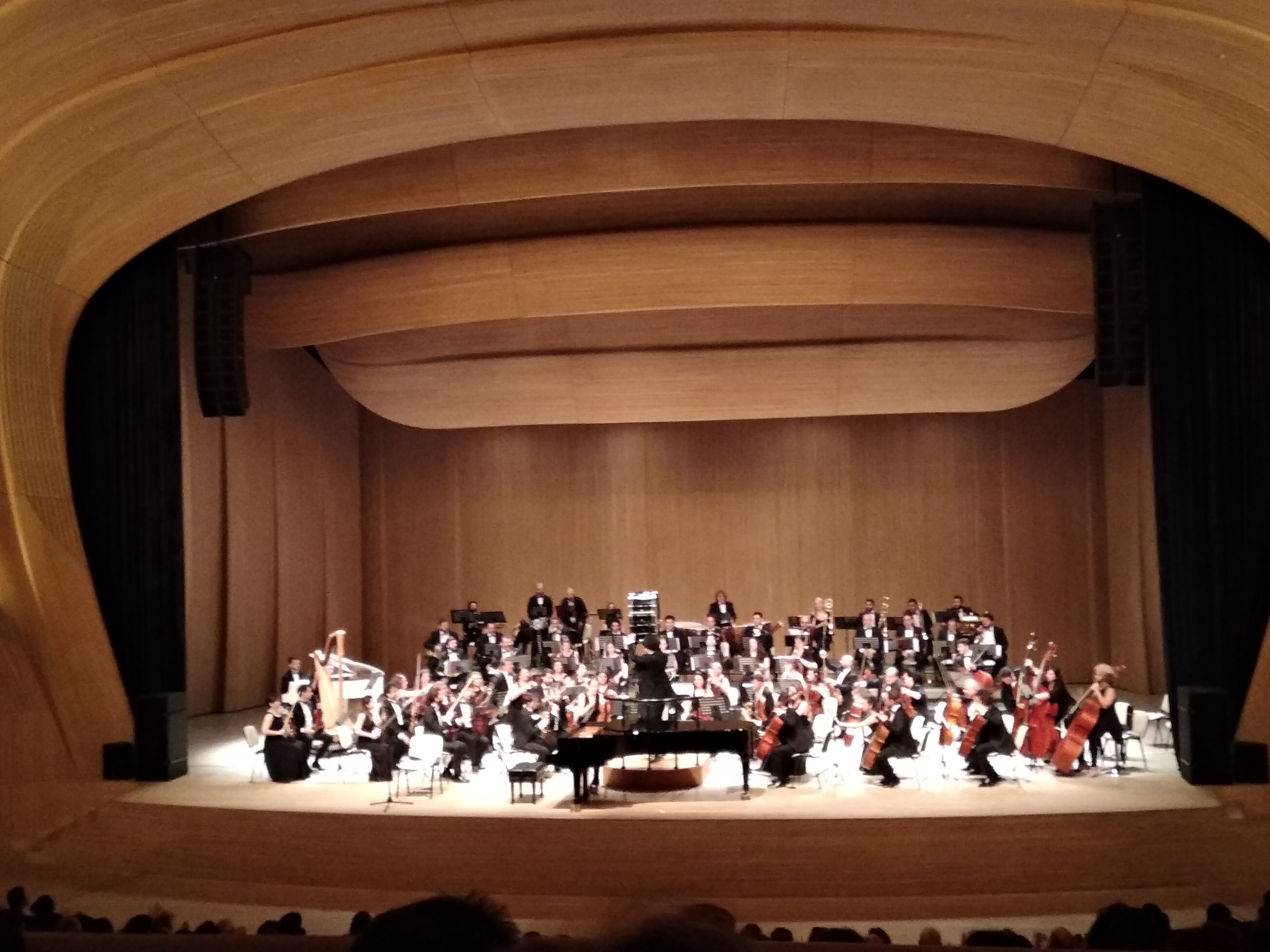 Inside the Heydar Aliyev Center: the fluid, timber-lined auditorium, its walls and ceiling flowing as one continuous curved oak surface around the stage, an orchestra performing below