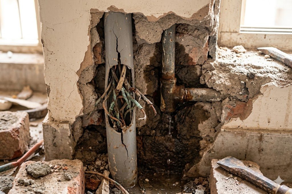 Close-up documentary photo of an opened wall in an Indian flat during renovation, exposing corroded old wiring in cracked conduit and a damp patch spreading from a leaking concealed pipe