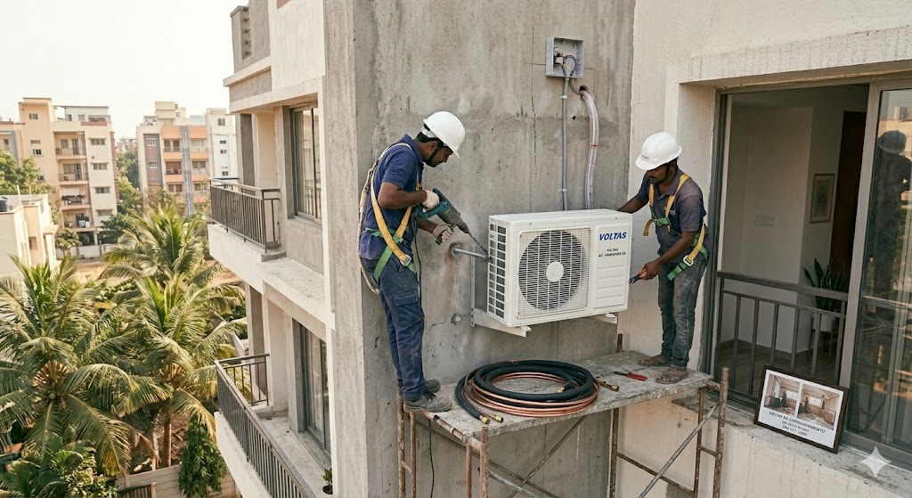Wide-angle photograph of a split AC outdoor unit being installed on the exterior wall of an Indian apartment by two technicians in safety harnesses standing on a small scaffold ledge, one drilling the wall bracket into the concrete while the other holds the heavy AC outdoor unit ready to lift onto the bracket, copper piping coiled at their feet, electrical conduit running from a junction box on the wall down to the future indoor unit location, late morning sun, the apartment balcony visible to the side, residential building exterior with palm trees in the background — AC is almost never in turnkey BOQs and is the single biggest forgotten hidden cost line