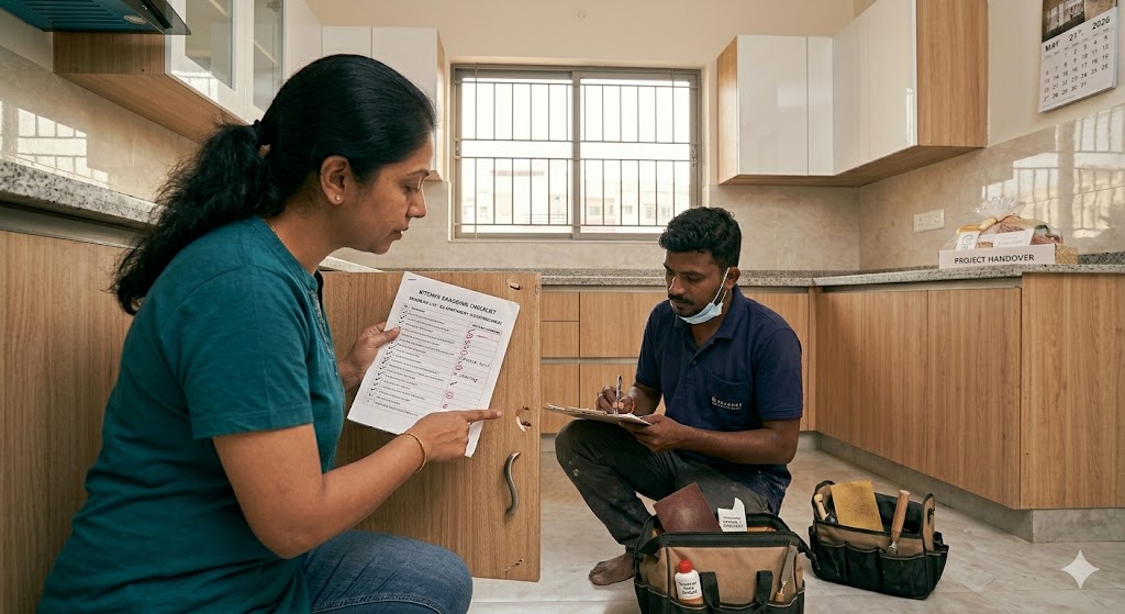 Medium close-up photograph of a finished Indian apartment kitchen during the post-handover snagging inspection, the homeowner female in a casual t-shirt holding a printed snagging list with several items ticked off and a few red-circled items remaining, her index finger pointing to a small chip on the bottom edge of a cabinet door, the contractor or repair carpenter in a blue work shirt squatting next to the cabinet making a note on his own clipboard, a small tool kit on the floor with sandpaper and paint touch-up bottle, the rest of the kitchen otherwise pristine, soft natural daylight from the kitchen window, methodical follow-up atmosphere — 10% holdback for 30 days is what makes contractors actually return for snagging work