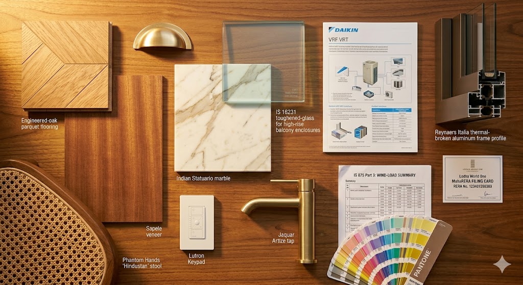Material and finish board showing wind-rated glazing samples, VRF concealed grille, engineered oak flooring, fluted veneer paneling, quartz worktop, soft-close hardware, and Asian Paints premium range swatches