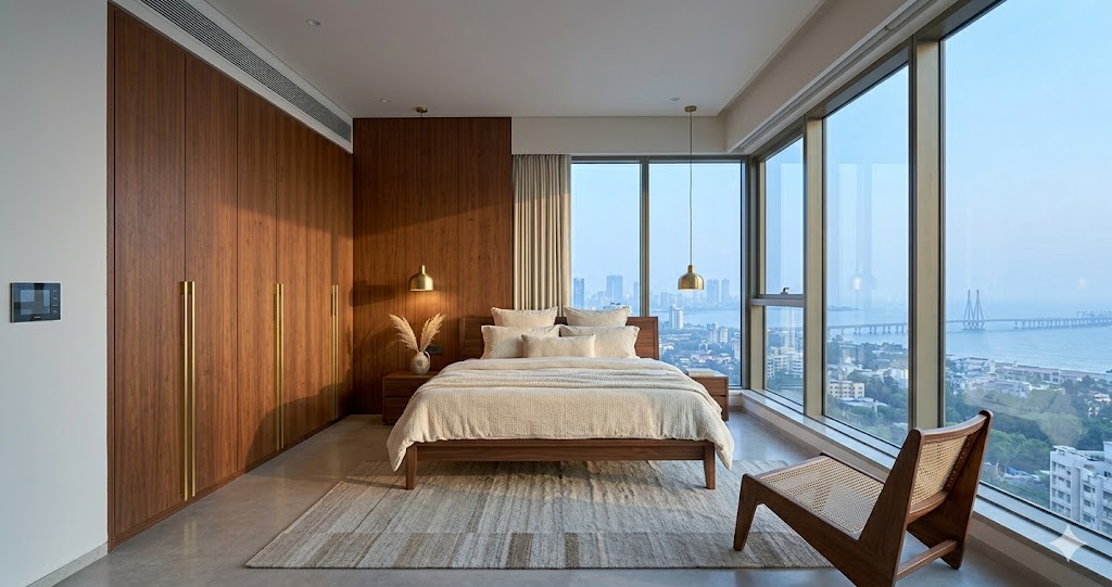 Floor plan annotation of 1450 sqft 3 BHK on the 26th floor showing wind-rated glazing, fixed plumbing stacks, VRF indoor unit locations, fixed AC chajja, and recommended internal layout zones