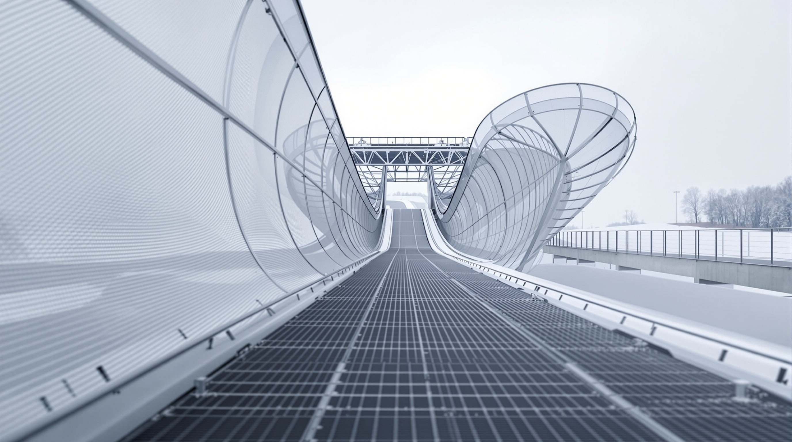 Detail of the Holmenkollen in-run: the slender steel superstructure clad in a fine stainless-steel mesh, the athletes' track sweeping down the centre, the whole assembly projecting outward against a grey Oslo sky