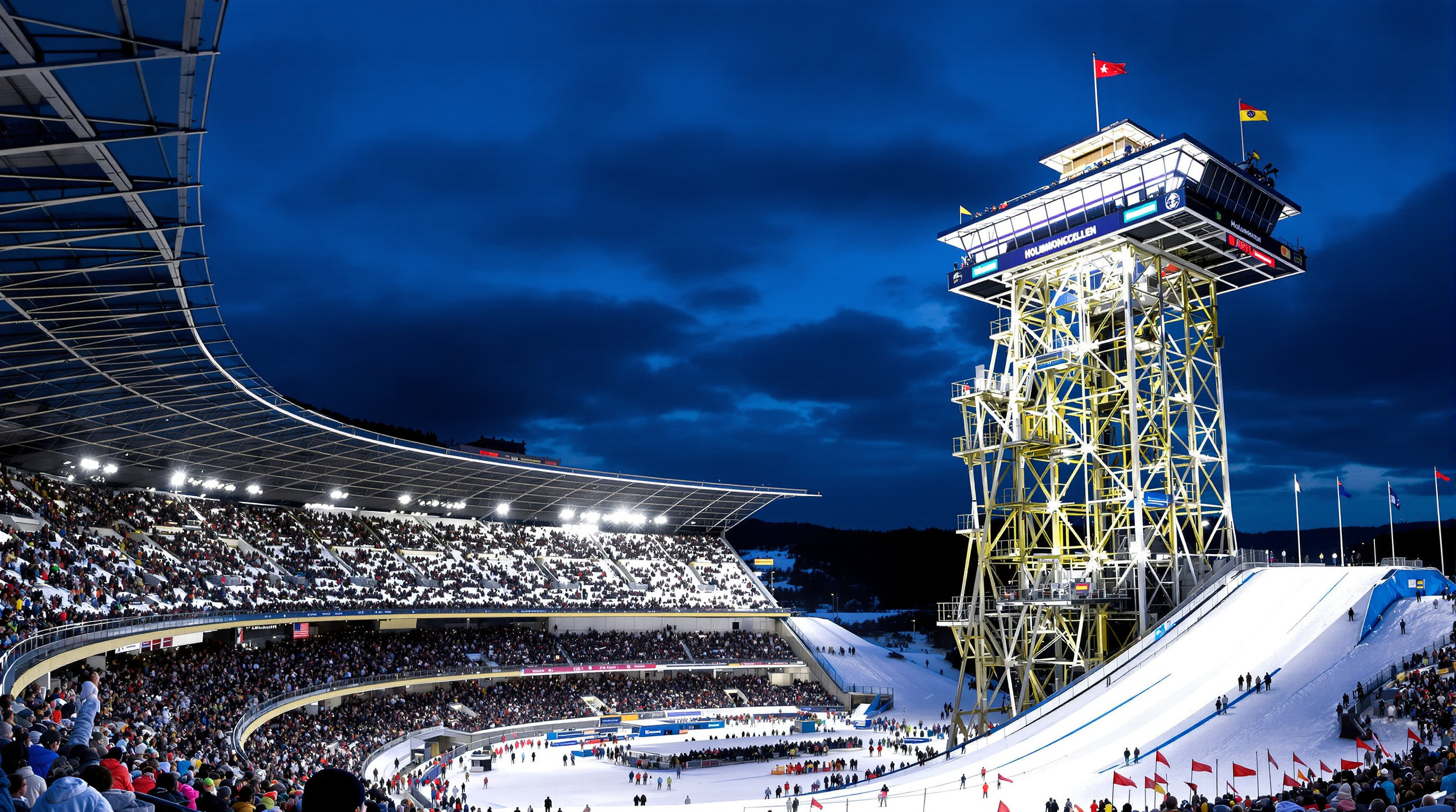 The Holmenkollen jump seen from the packed arena bowl below during a competition, floodlit against the evening, thousands of spectators on the slopes beneath the towering steel cantilever
