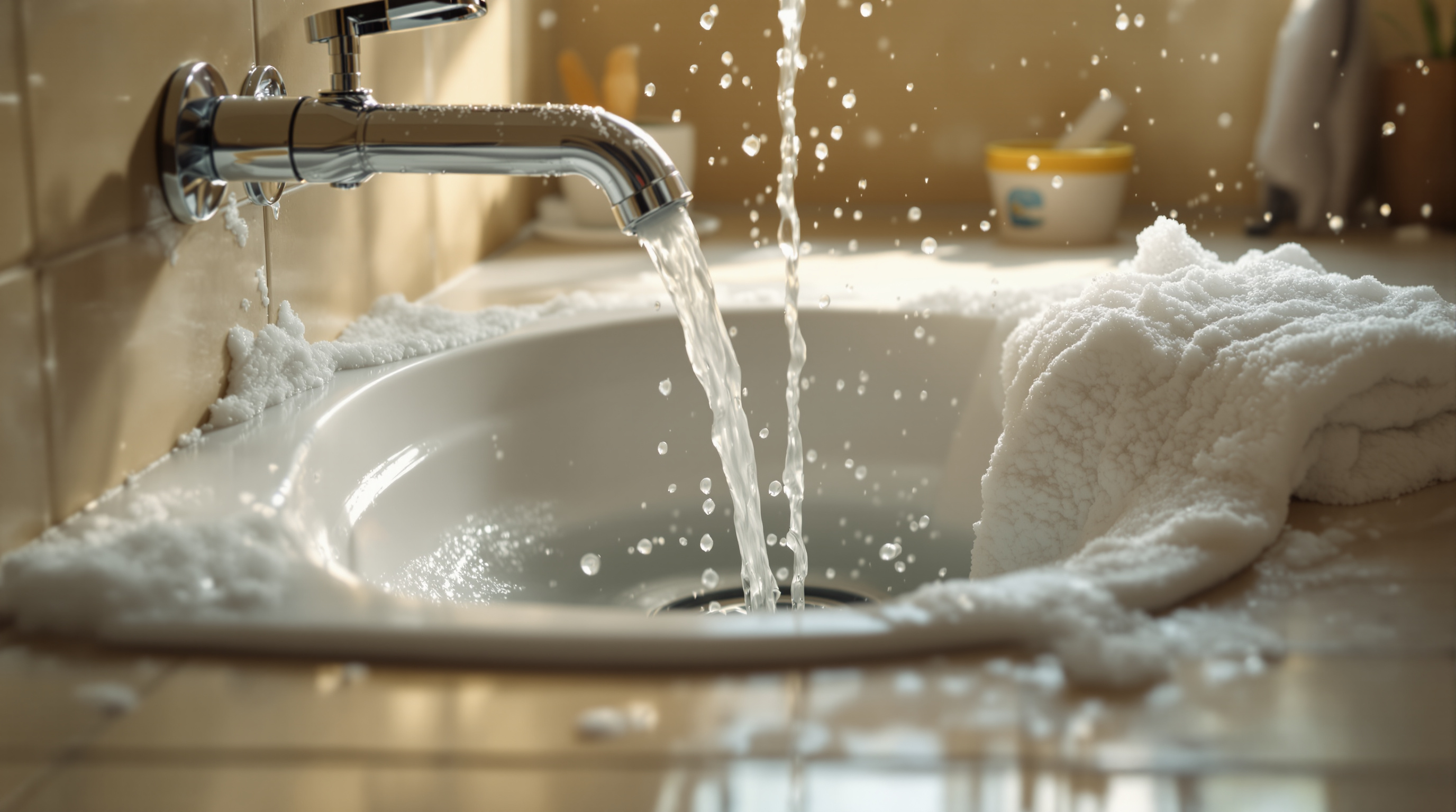 Soapy water draining from a washbasin and a running shower in an Indian home bathroom, showing lightly used greywater