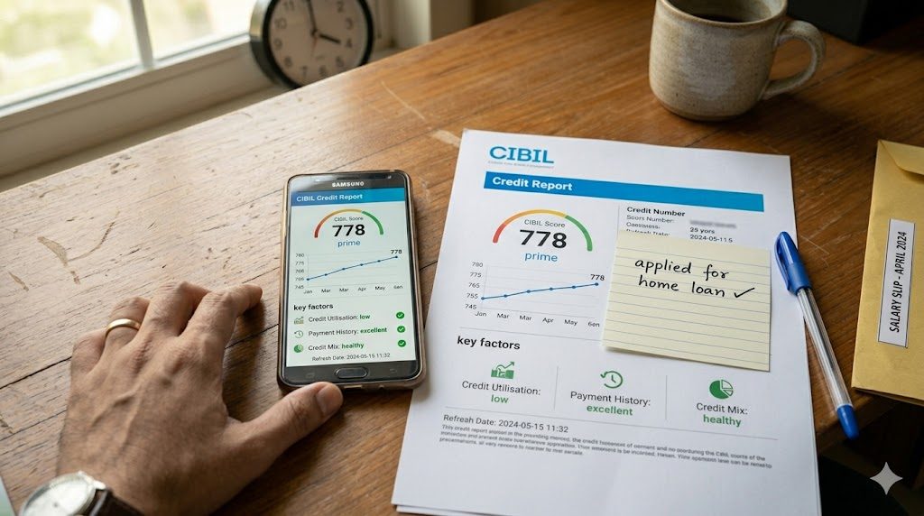 CIBIL credit report on a mobile phone screen showing a prominent three-digit score in the 770 range (well into the prime band), a six-month upward trend chart, and key factors marked healthy — credit utilisation low, payment history excellent, credit mix healthy. The score is a frozen pull on application day; pull it once before applying, fix it, then apply