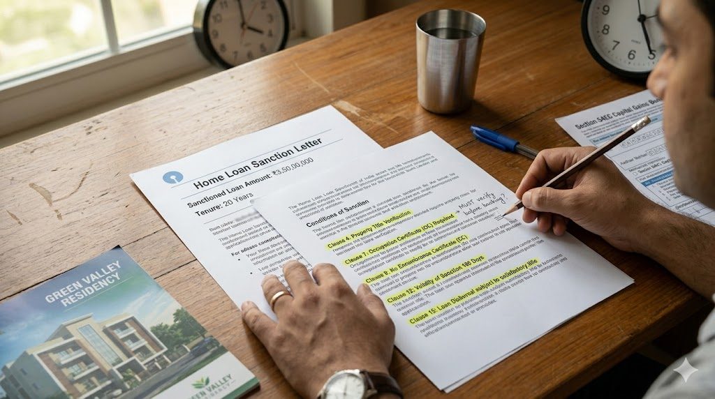 Home loan sanction letter spread on a study table with the 