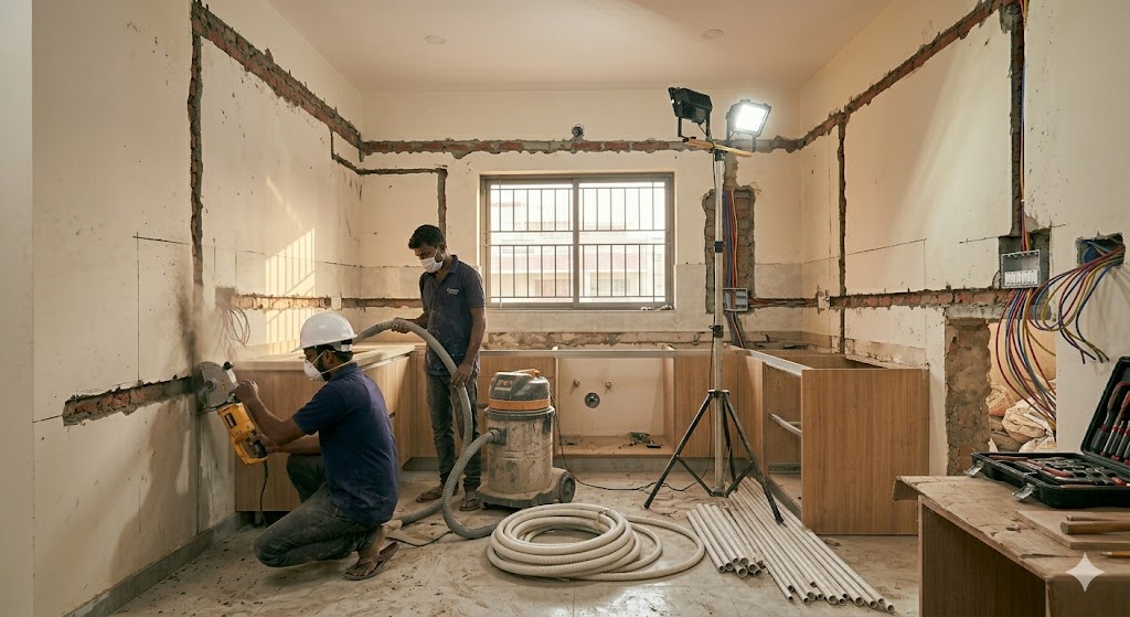 Medium wide photograph of an Indian renovation site mid-civil-rework, a worker in a blue shirt and white hard hat using a handheld concrete cutter to chase a narrow channel along the wall surface for new electrical conduit routing, fine concrete dust spraying out and being captured by a vacuum hose held by an assistant, the existing wall plaster scored and cut in straight horizontal and vertical lines exposing the brickwork beneath, electrical junction box already mounted in a freshly cut recess in the wall, PVC conduit pipes laid out on the floor ready to be installed in the cut channels, work light on a tripod illuminating the wall, gritty hardworking renovation site atmosphere — civil rework absorbs ₹ 2-4 L on a 1500 sft full interior renovation that simply doesn't exist in greenfield builds