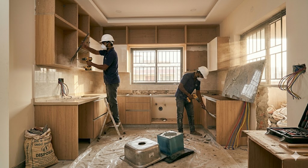 Medium photograph of an Indian kitchen undergoing demolition in the early phase of a renovation, the old modular kitchen cabinets being removed by two construction workers in protective masks and goggles using crowbars and electric drills, the granite countertop already lifted off and leaning against the side wall waiting for disposal, old sink and chimney removed and lying on a protective sheet on the floor, exposed plumbing stubs and electrical wiring sticking out of the wall where the old kitchen used to be, dust hanging in the air illuminated by morning sunlight coming through the kitchen window, debris piles in one corner with rubble bags ready for removal, gritty but professional renovation documentary mood — demolition is the unavoidable first phase of any Tier 3+ renovation